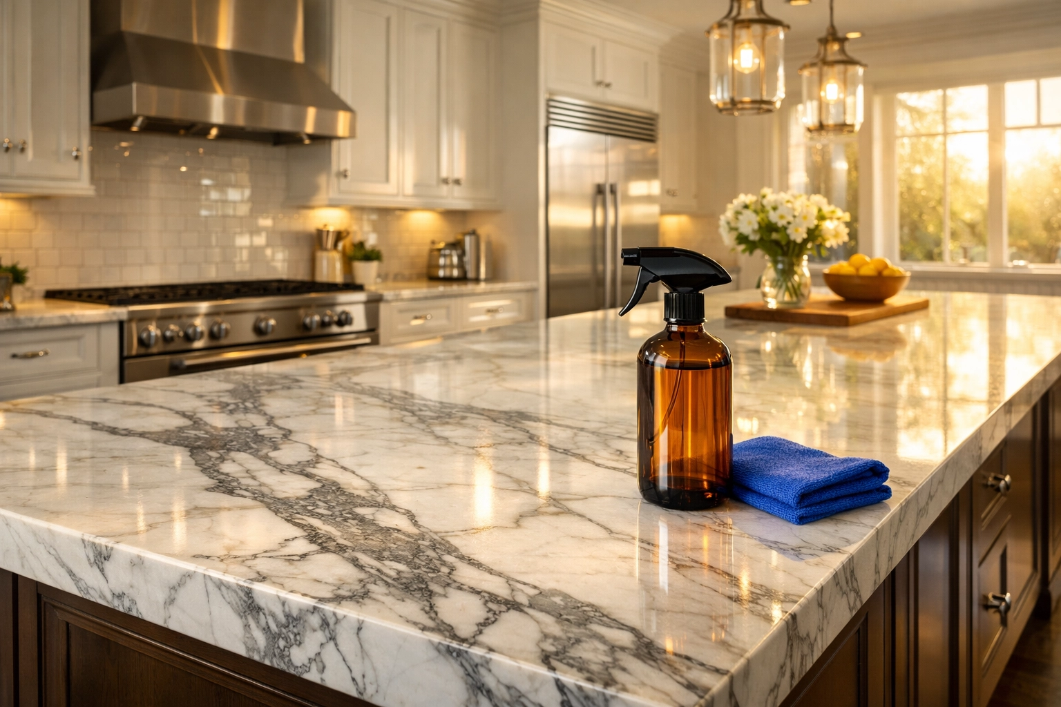 Polished Calacatta marble kitchen island in a Weston estate cleaned with eco-friendly products.