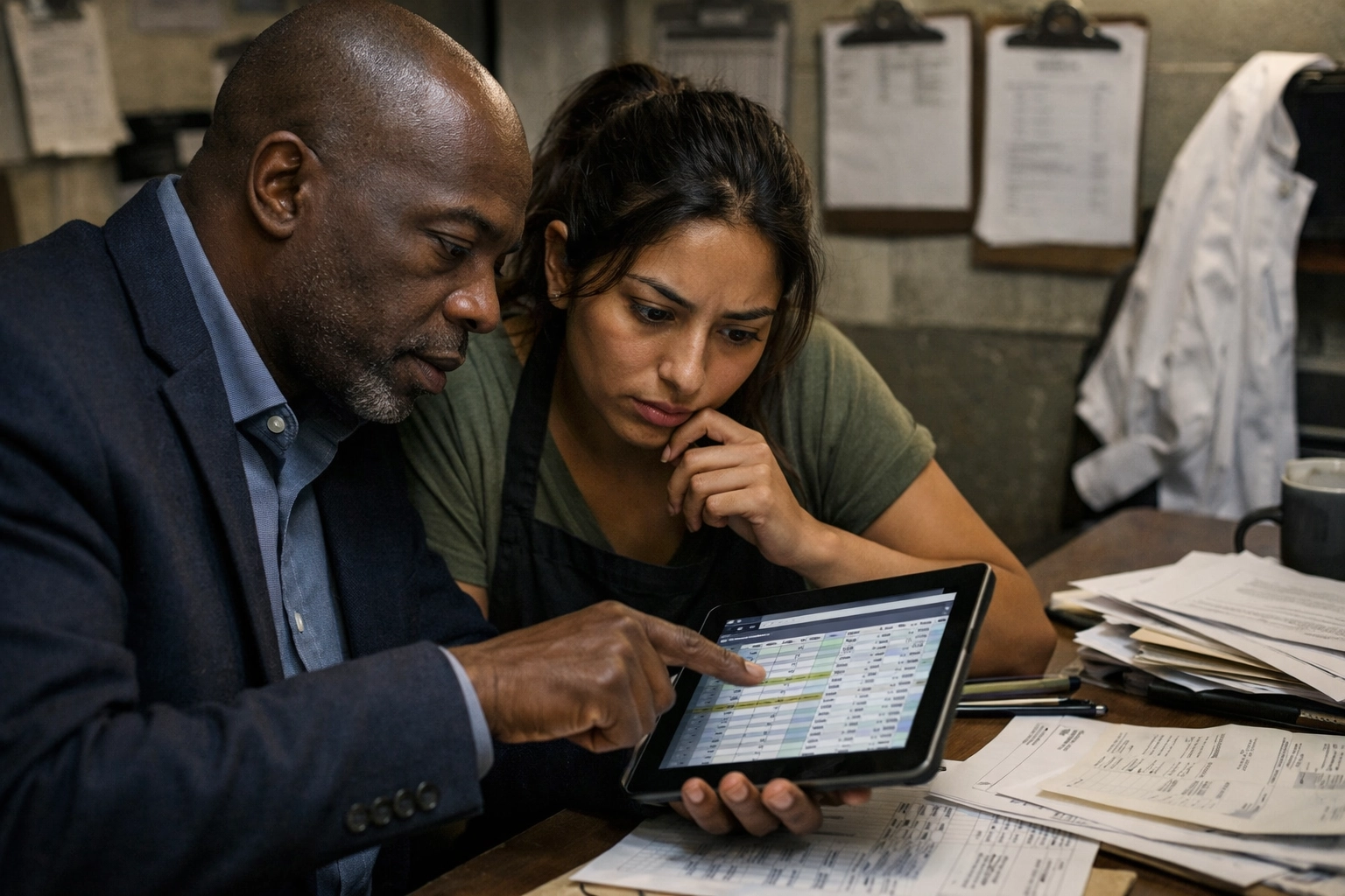 Restaurant owner and consultant review a financial spreadsheet to manage startup costs and projections.