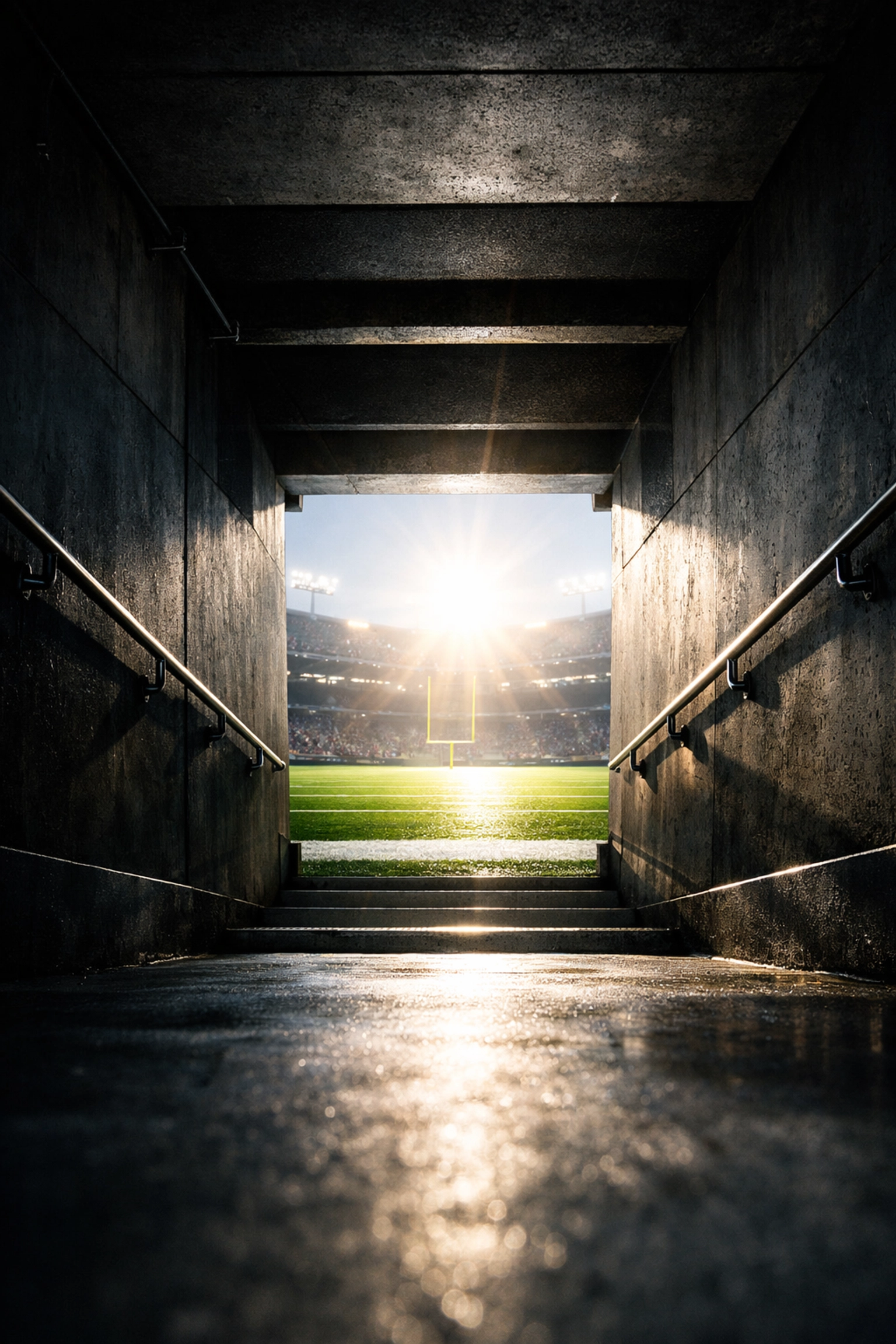 Football field view through a stadium tunnel representing long-term Super Bowl brand growth.