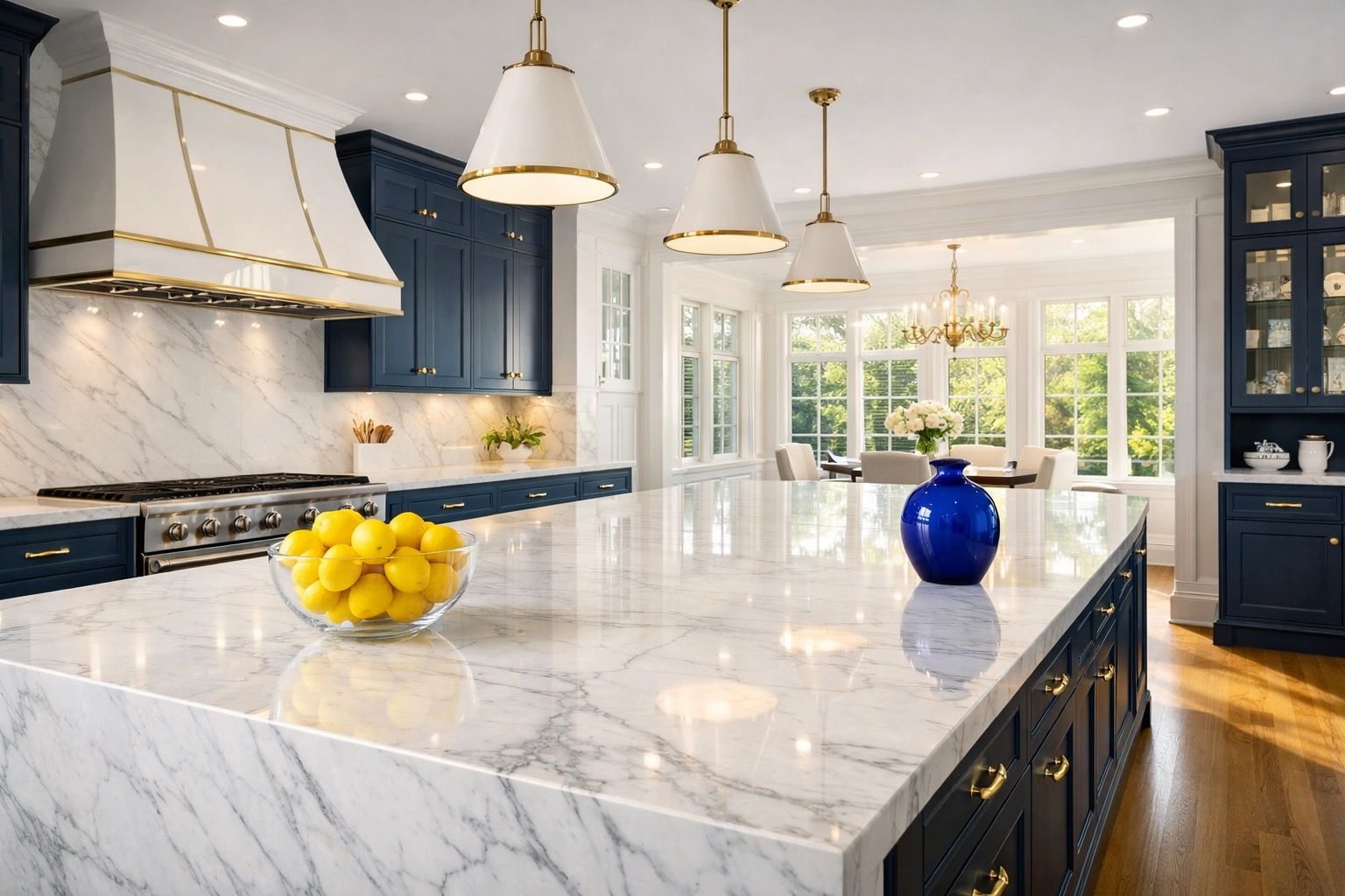 Spotless marble kitchen island in a Dover home, representing luxury residential cleaning Massachusetts.