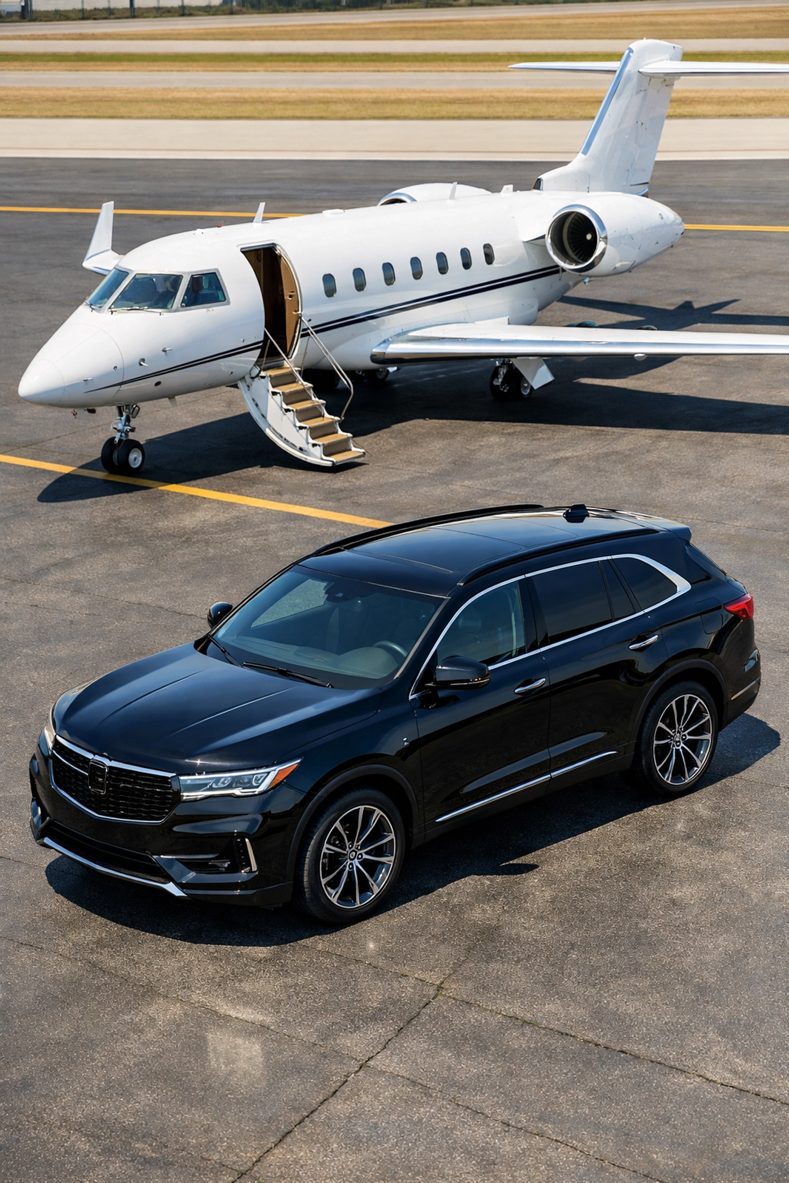 Professional executive transportation and private jet arrival for Super Bowl luxury logistics.