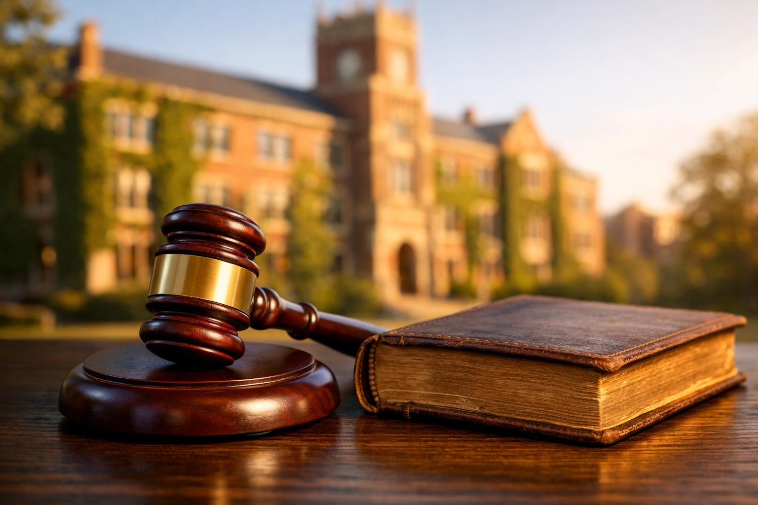 Gavel and book in front of a brick college building representing religious education legal rights.