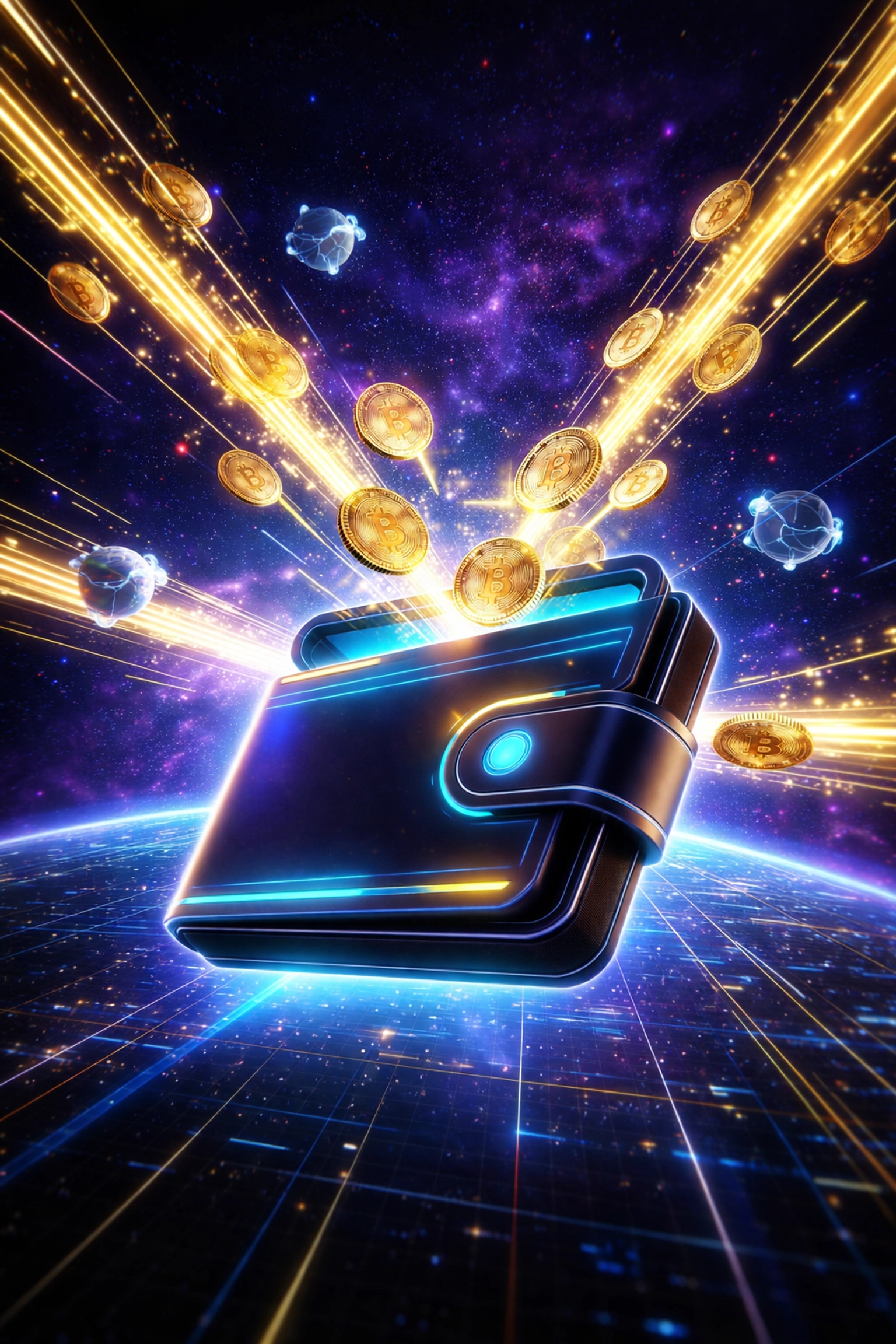 A futuristic digital wallet in space receiving gold crypto coins, symbolizing borderless Web3 global payments and instant transactions.