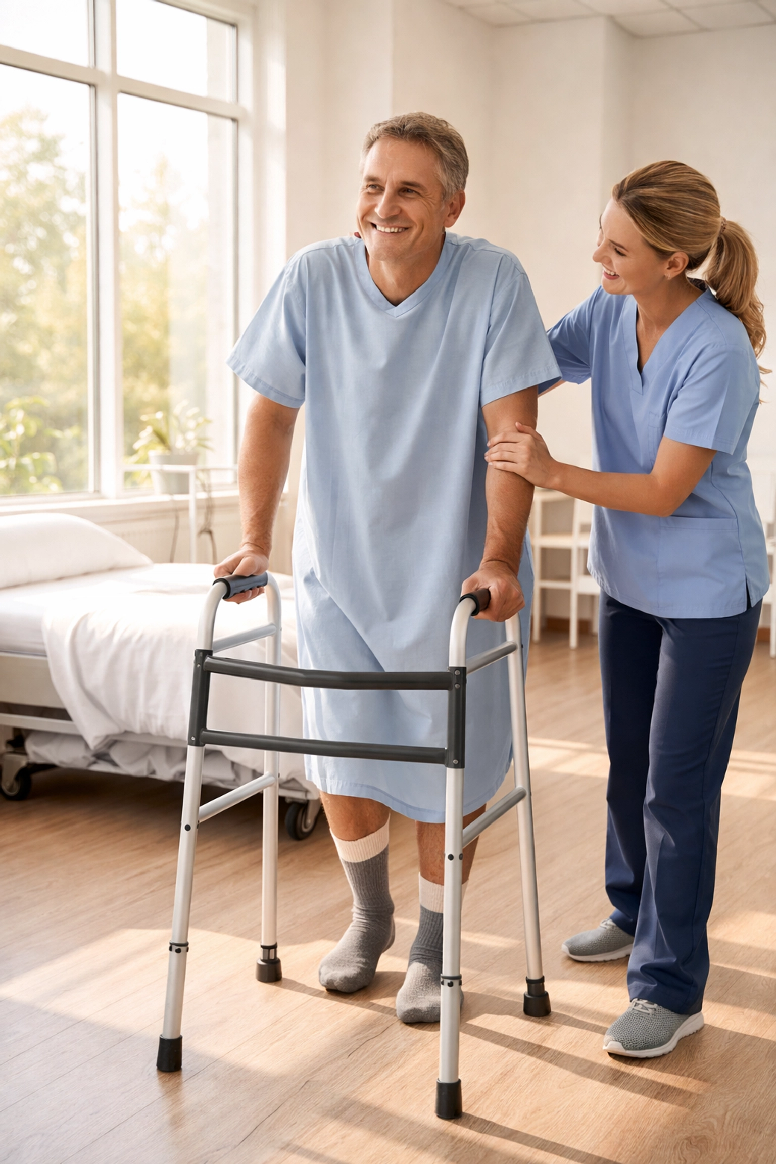 Patient smiling while walking with physical therapist after robotic knee replacement