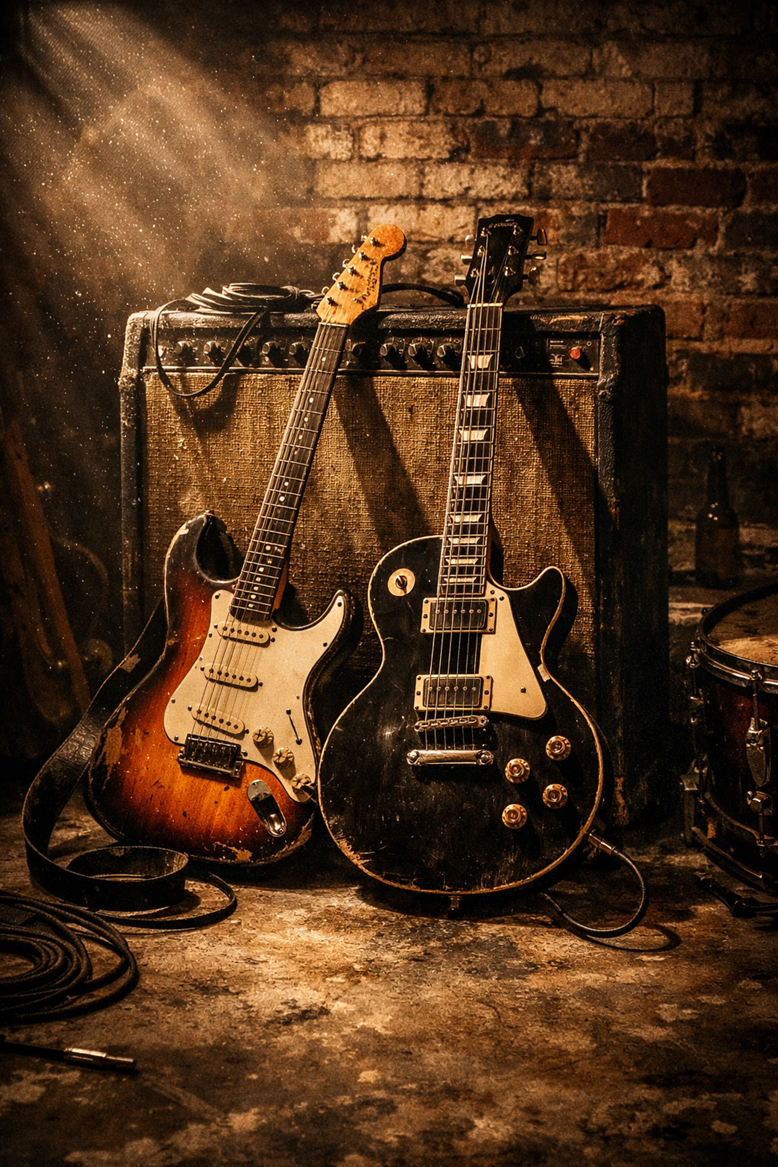 Electric guitars and vintage amplifier representing The Black Keys garage rock sound