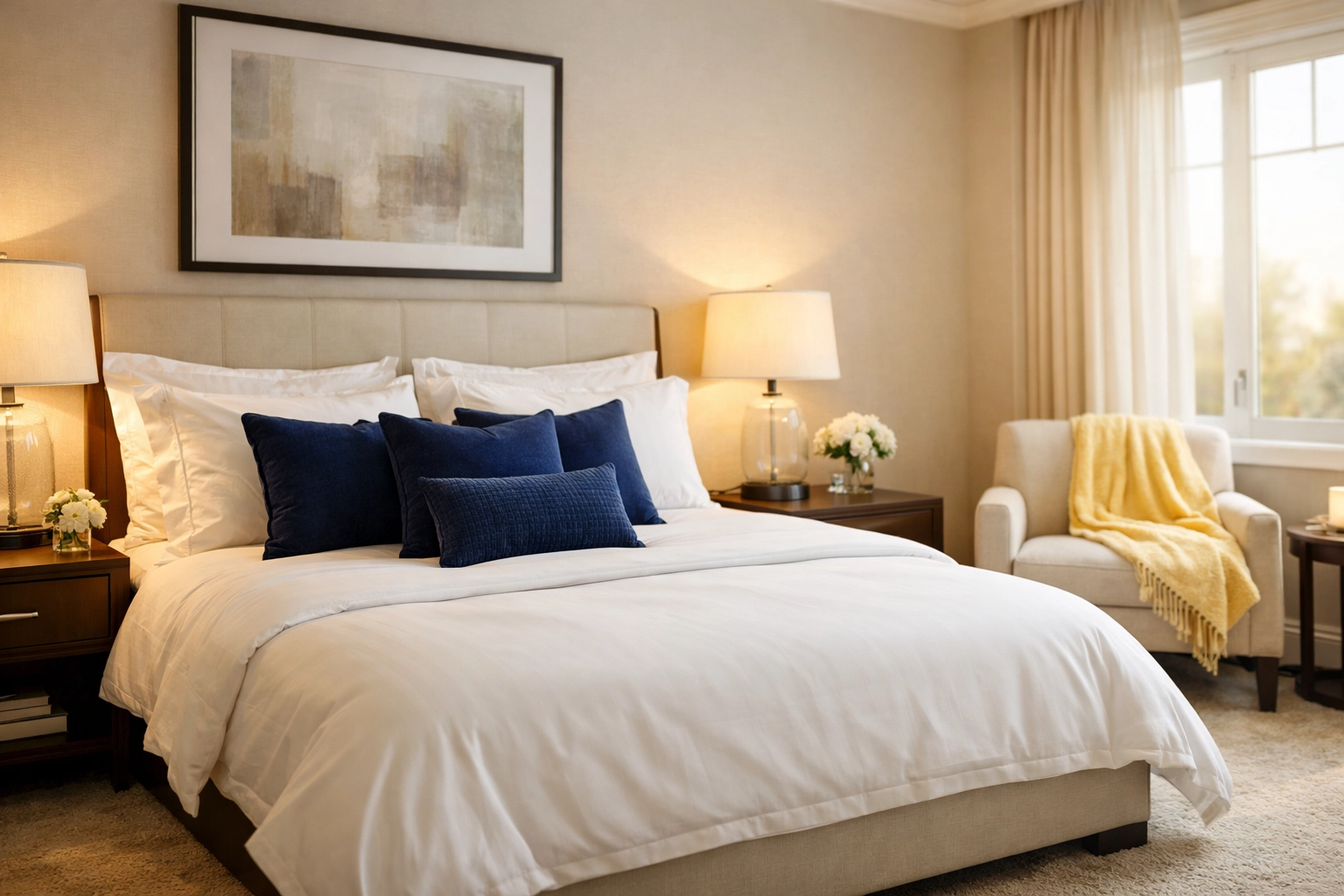 A peaceful and professionally cleaned bedroom in Maynard after a recurring weekly house cleaning service.