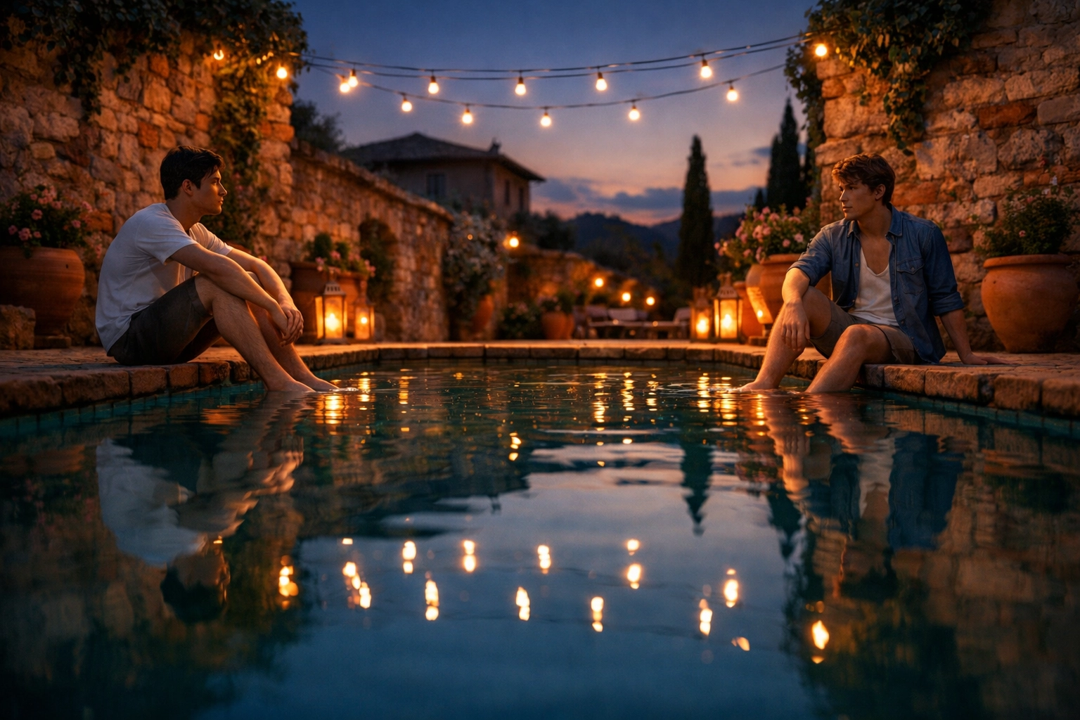 Italian poolside at dusk with two men - gay romance slow burn tension scene