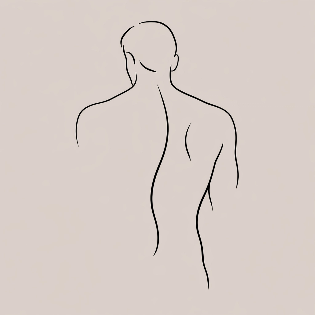 Minimalist line art drawing of a man's bare back and shoulders, showcasing the artistic lines of the male form.