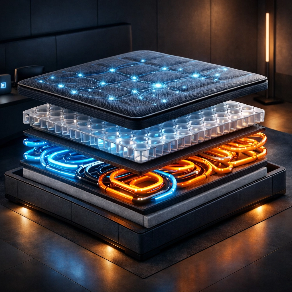 Internal view of a smart mattress showing cooling coils and sensors for thermal regulation and spinal alignment.