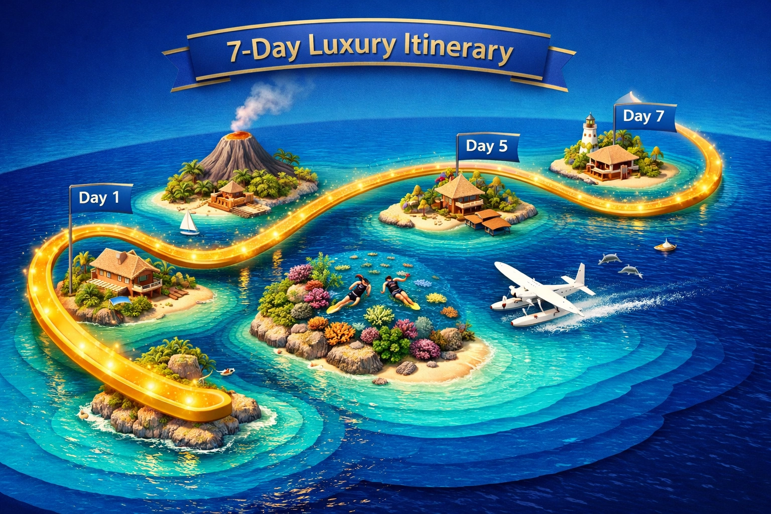 Luxury 7-day Maldives honeymoon itinerary map illustrating island hopping, snorkeling, and seaplane transfers.