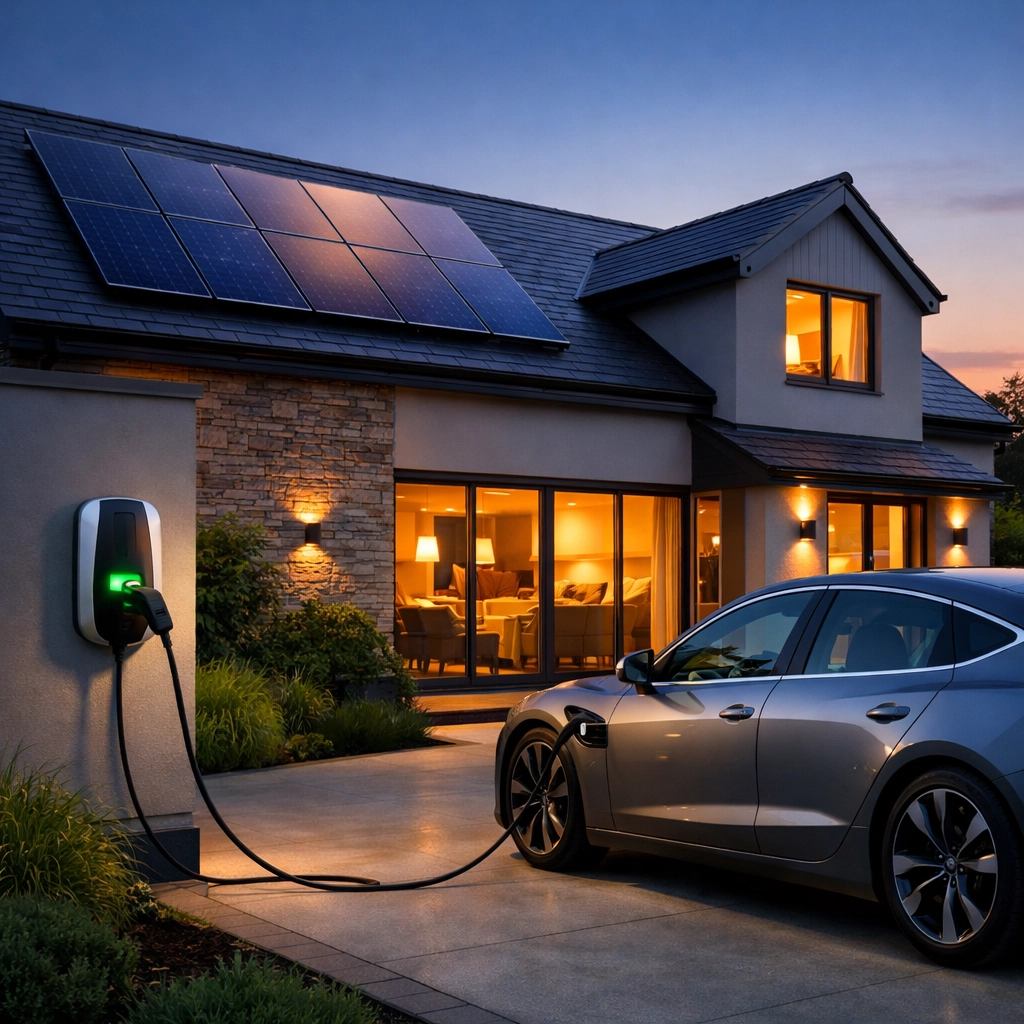 Integrated renewable energy system featuring solar panels and a home EV charger for electric vehicles.