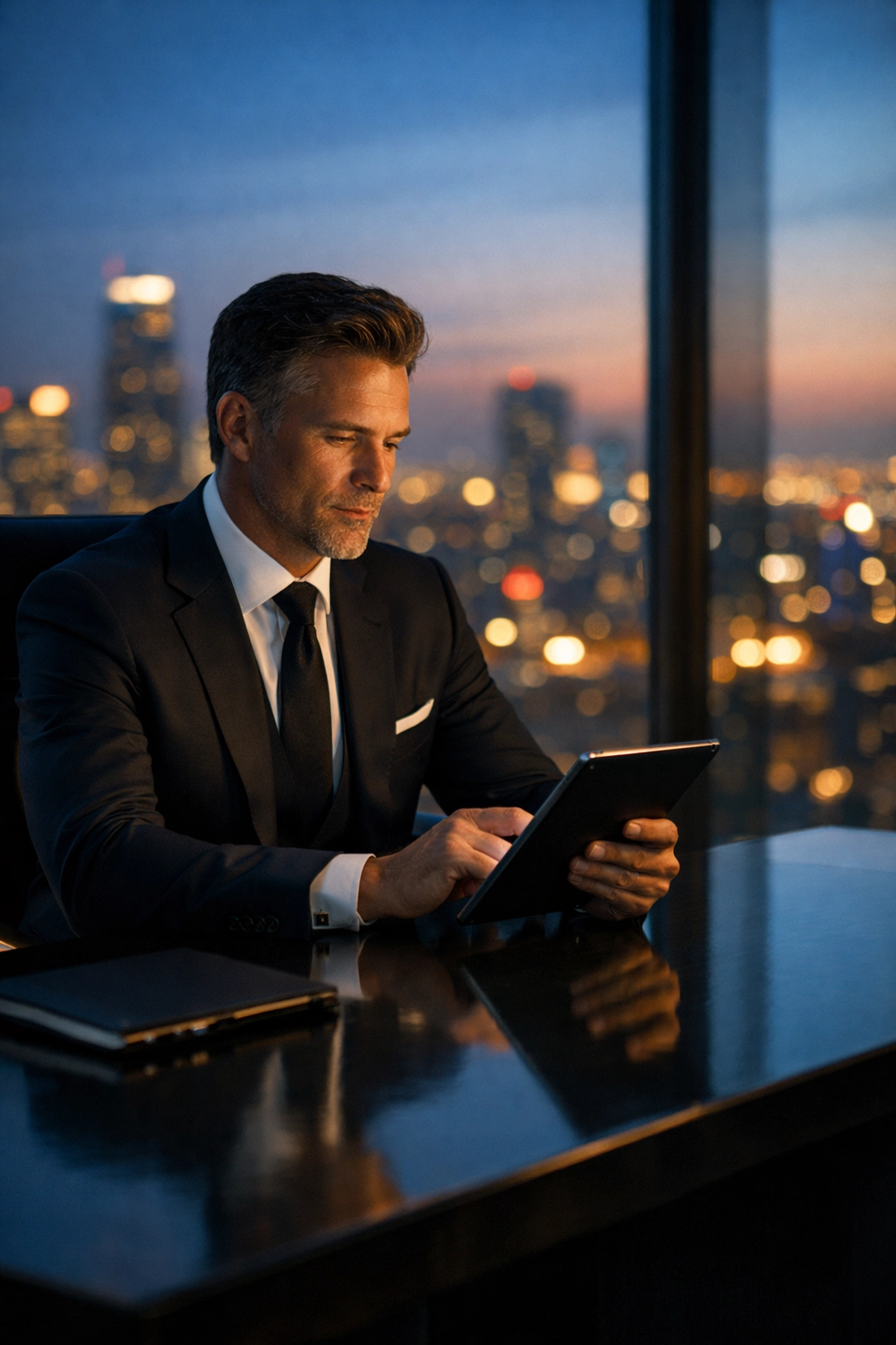 Focused business leader in a modern office regaining strategic clarity and leadership edge through performance coaching.