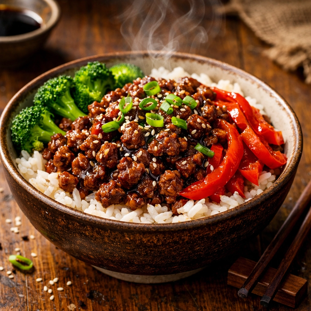 Healthy teriyaki beef bowl with broccoli and red peppers over rice for a quick weeknight dinner.