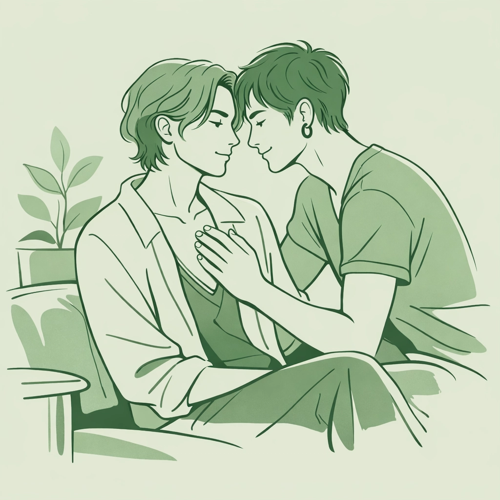 Minimalist illustration of a non-binary MM couple in a tender moment, exploring queer identity and romance.