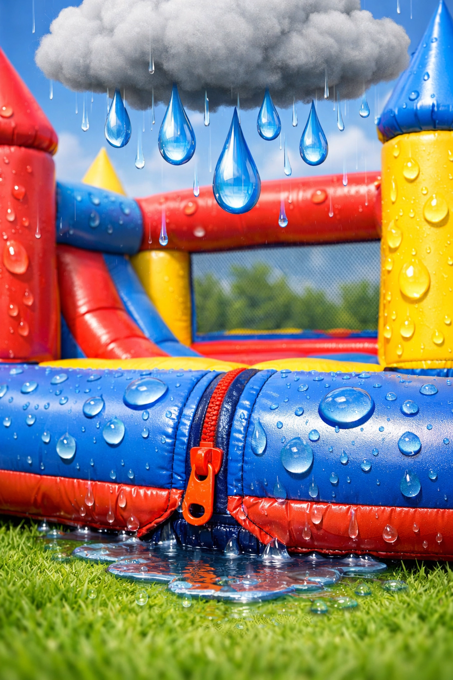 A colorful inflatable bounce house under a rain cloud showing water collecting on vinyl and zipper seams.