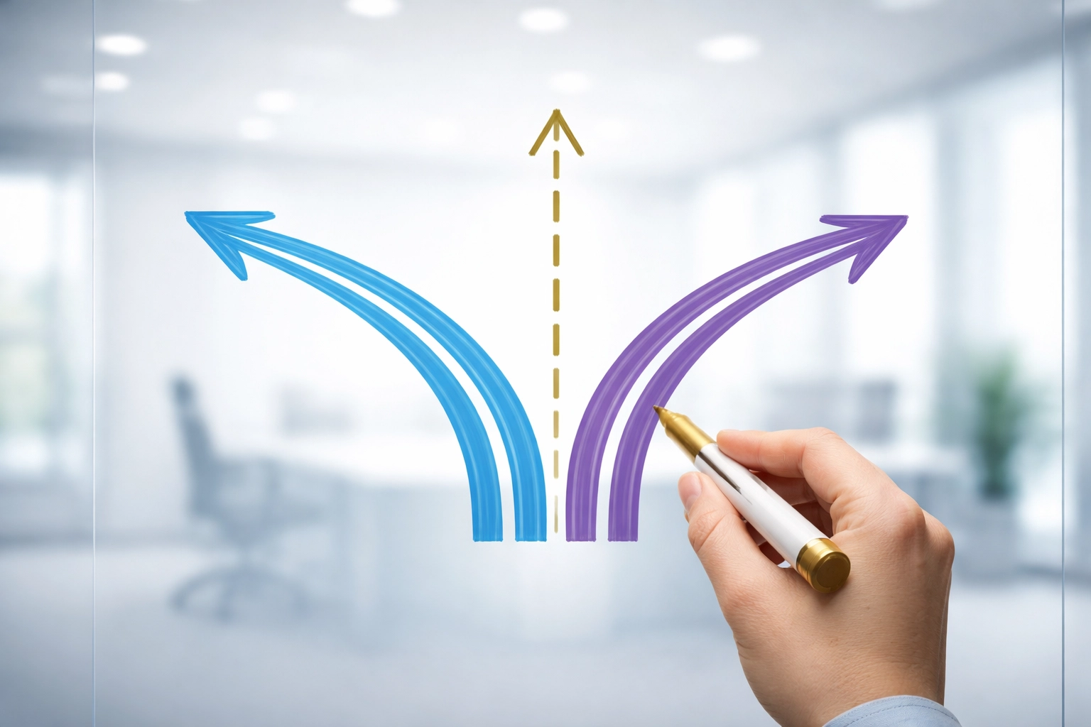 A hand in a modern meeting room draws a third path on a whiteboard, illustrating the middle ground in buy vs. build EHS software decisions.