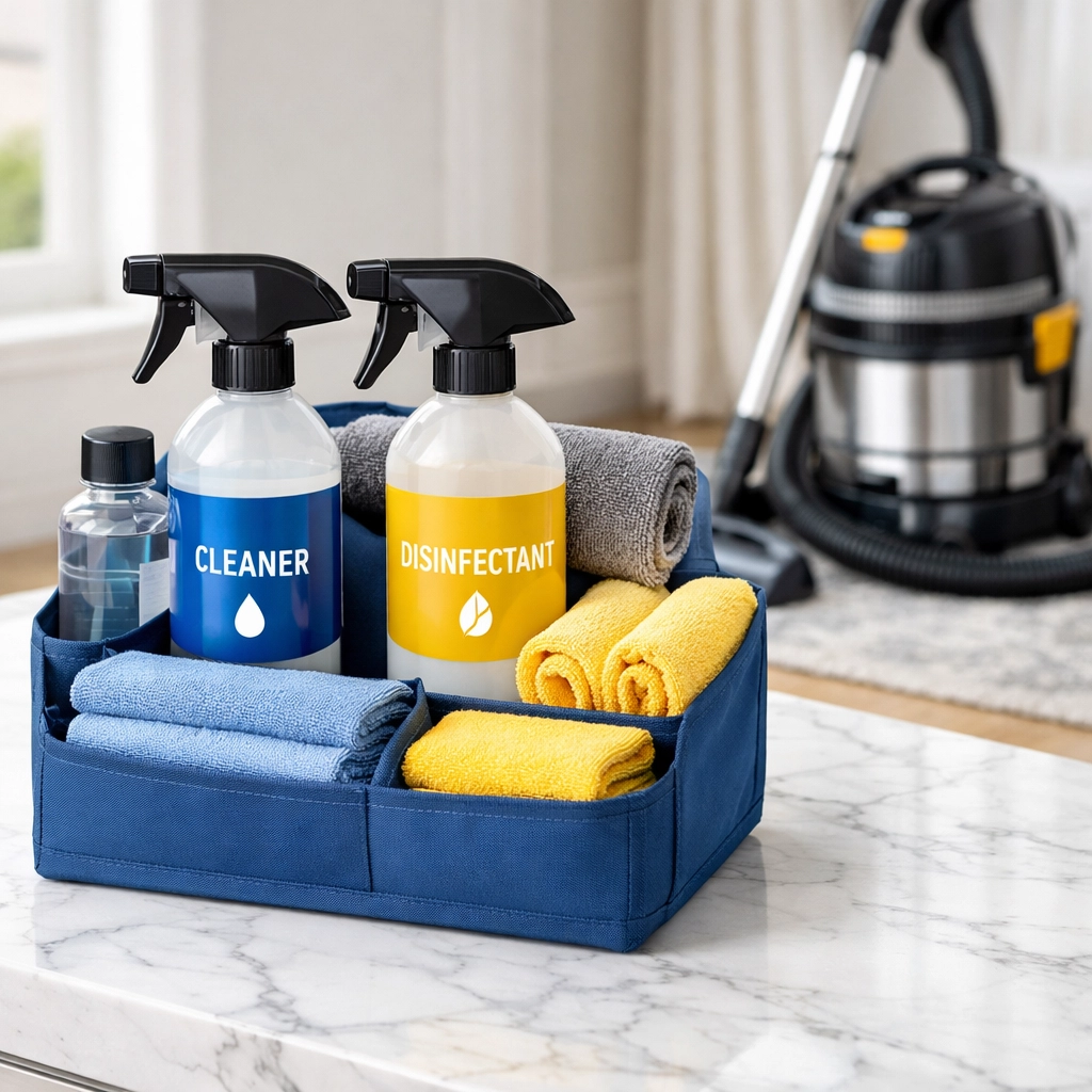 Eco-friendly tools and HEPA vacuum used for expert deep cleaning services in Wellesley luxury homes.