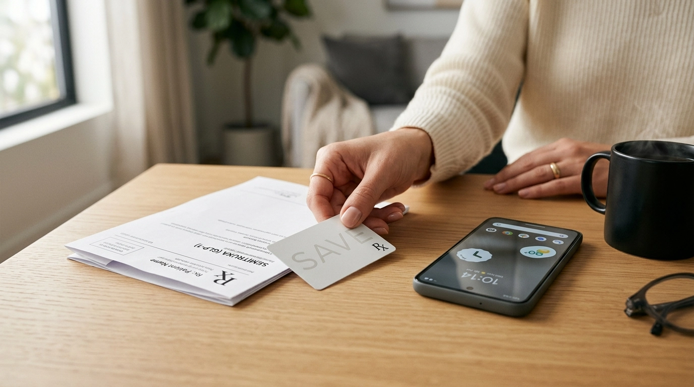 Premium minimalist lifestyle photo of a pharmacy savings card with prescription paperwork and a smartphone on a clean desk
