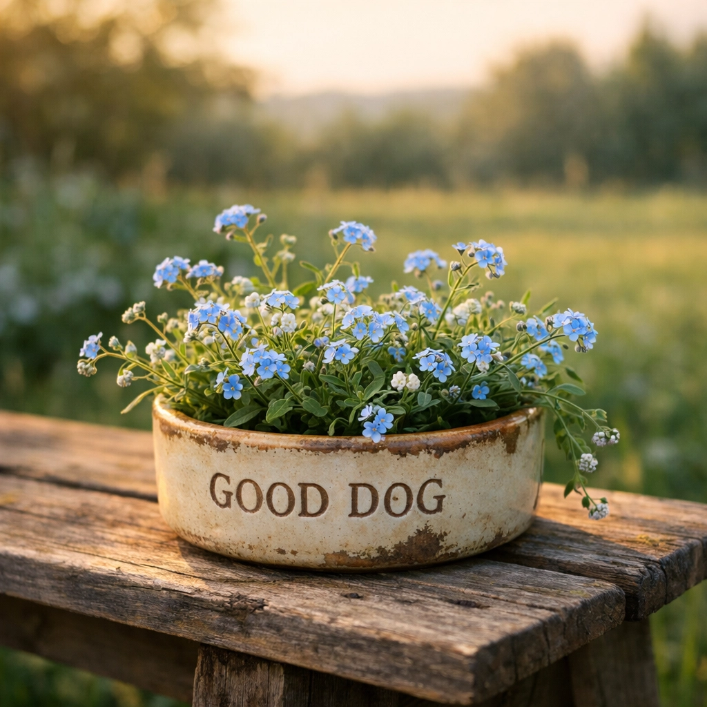 Repurposed pet bowl planter with flowers on a garden bench, a living pet memorial idea for a beloved companion.