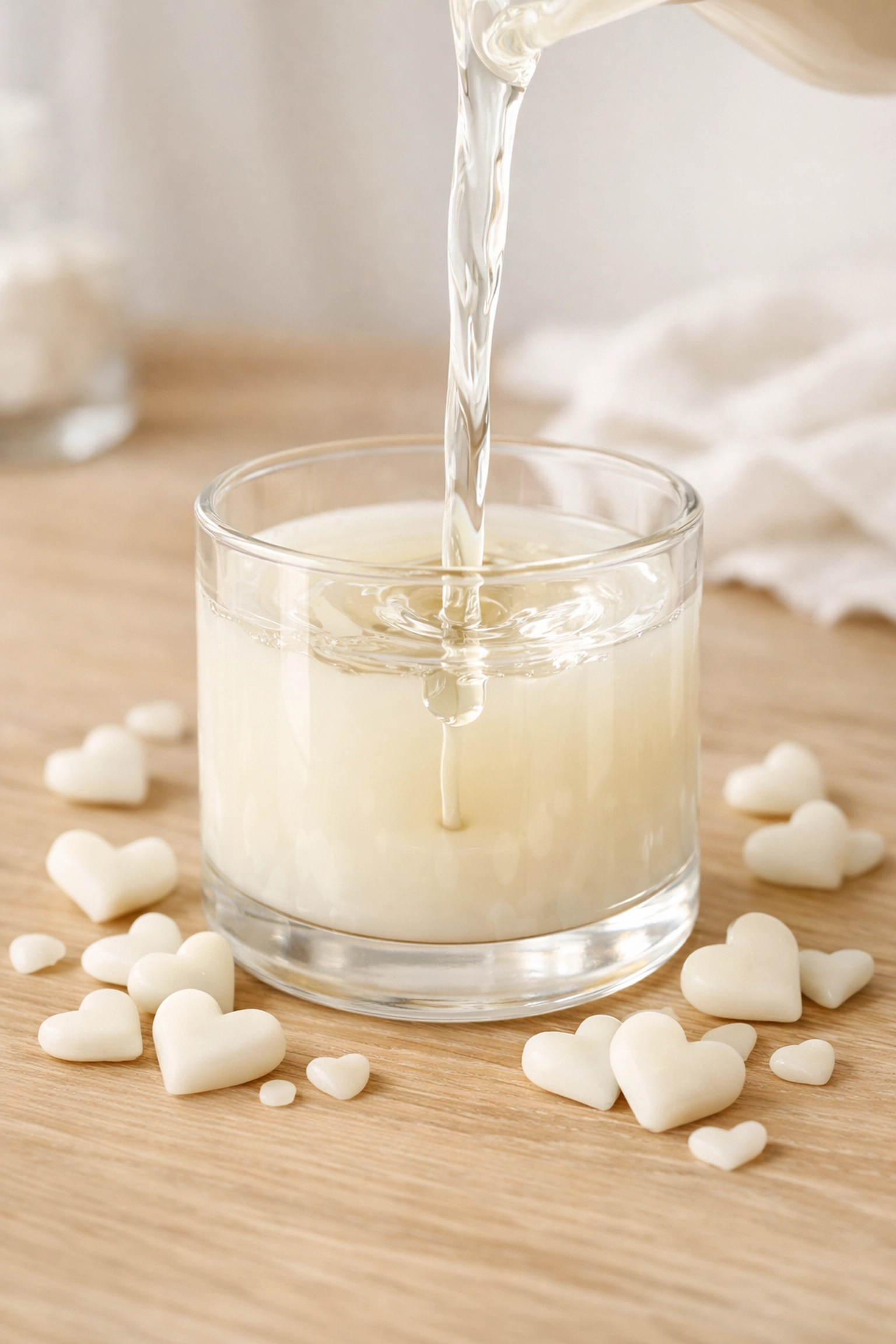 Molten natural soy wax being poured into a glass vessel, showcasing non-toxic candle materials.