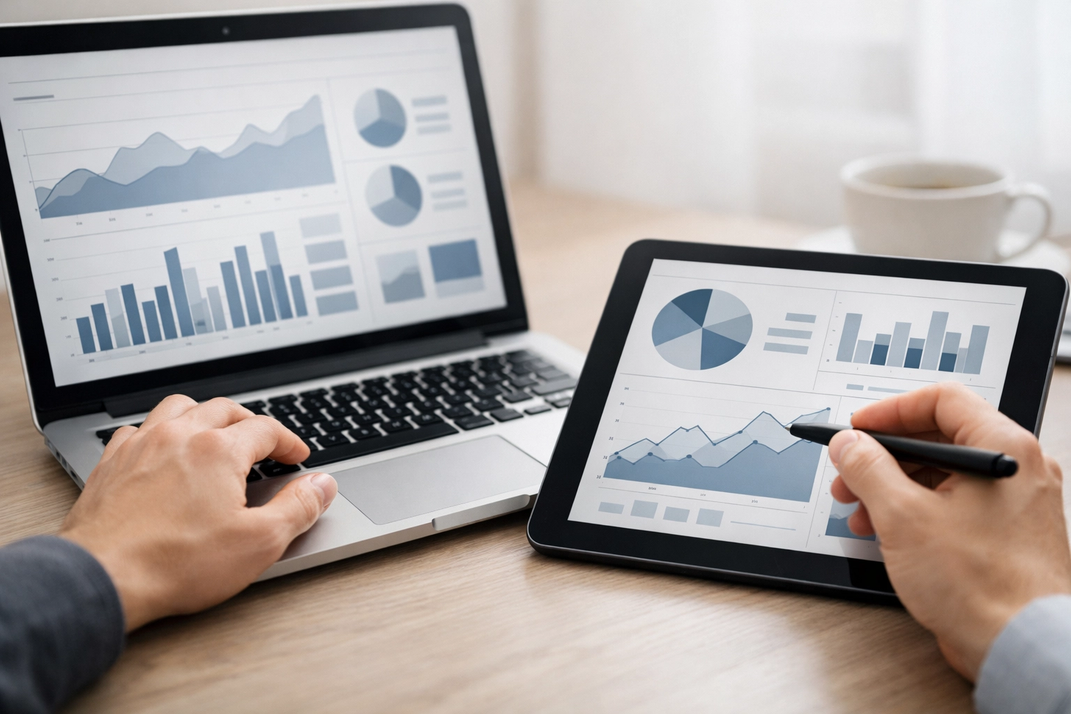 Close-up of hands managing finances on a laptop and tablet, highlighting affordable bookkeeping services.
