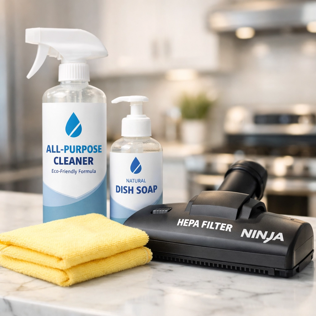 Eco-friendly supplies and HEPA vacuum used by professional house cleaning services MA for a healthy home.