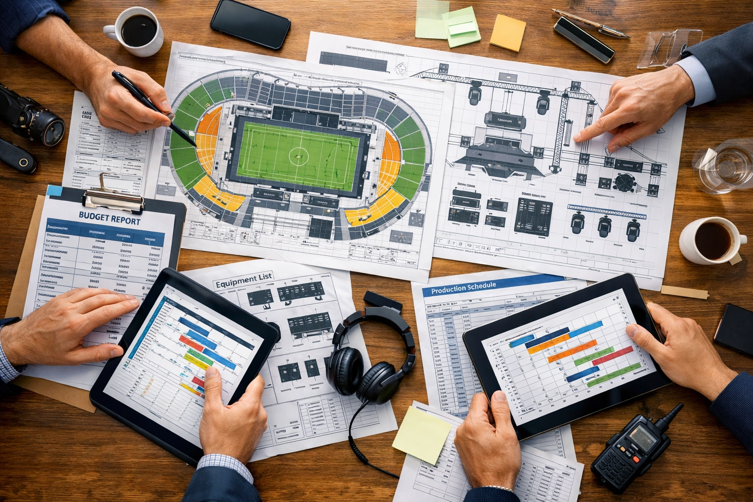 Sports marketing agency team planning event strategy with blueprints and technical diagrams