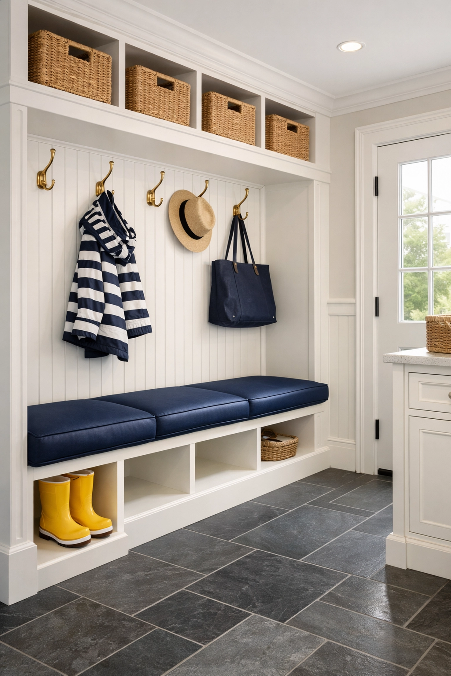 Clean high-end mudroom in Scituate, showcasing the results of luxury residential cleaning Scituate Lighthouse.