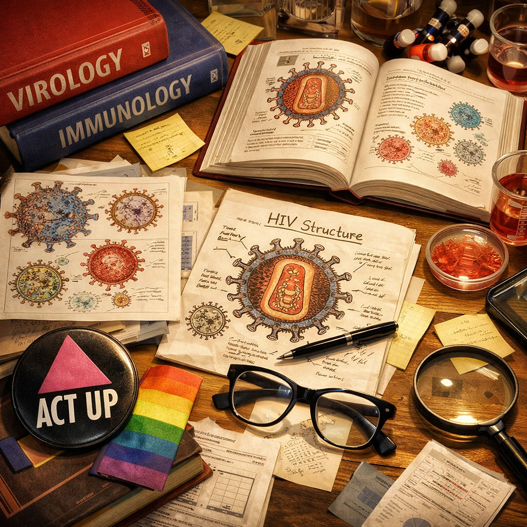 Medical journals and an ACT UP button on a desk, representing the fight for AIDS drug approval and research.
