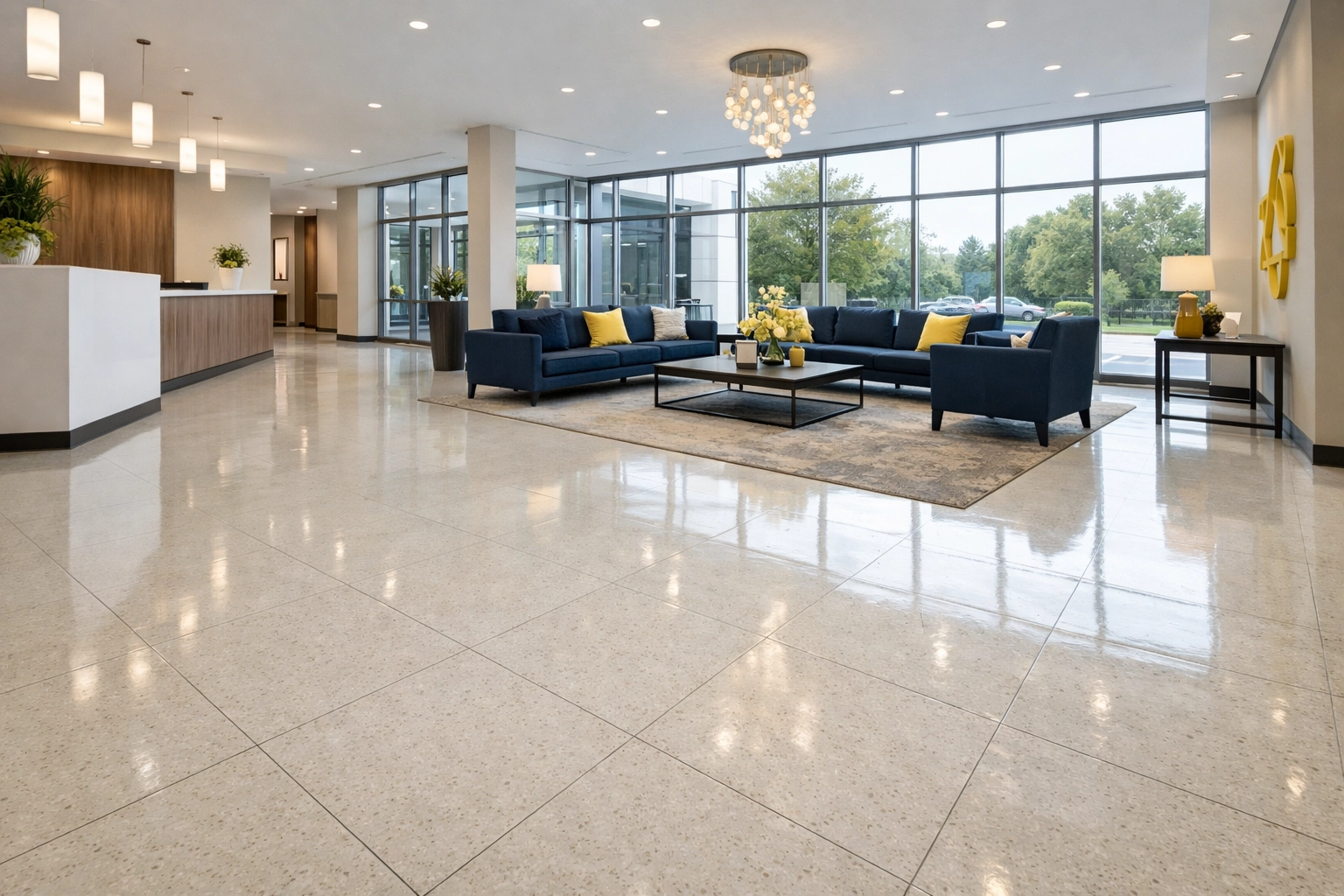 Clean VCT tile flooring in a professional Lancaster, MA commercial lobby awaiting waxing and stripping services.