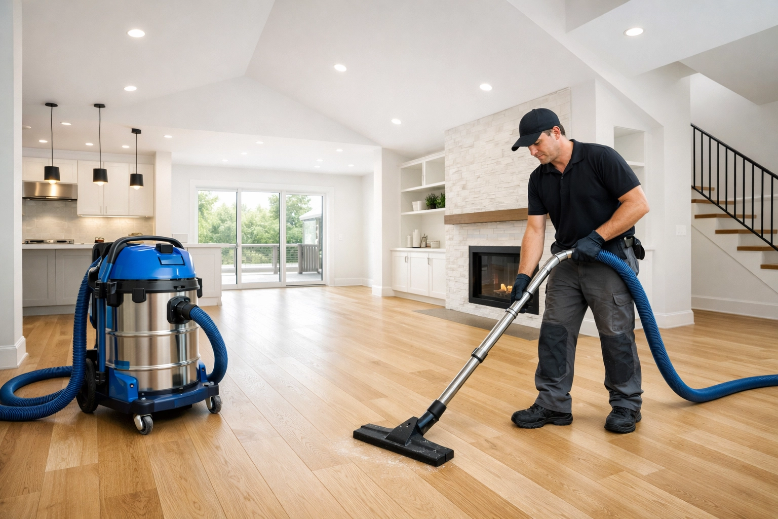 Specialist using industrial vacuum for post construction cleaning and deep cleaning in Carlisle home.