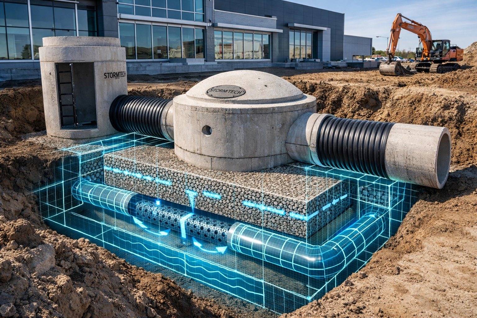 Installation of underground stormwater management chambers and pipes for an Ontario commercial development.