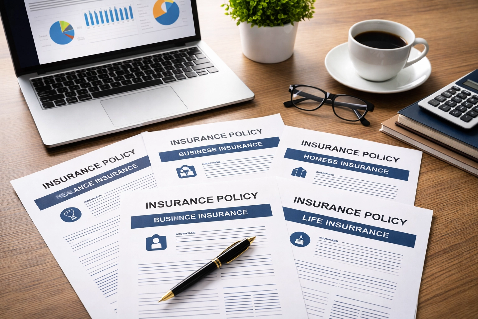 Business desk with insurance documents and laptop, symbolizing organized business insurance planning and protection.
