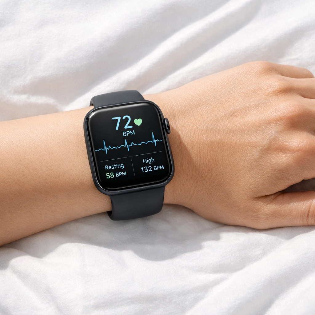 Smartwatch tracking heart rate data on wrist in bed for fitness monitoring