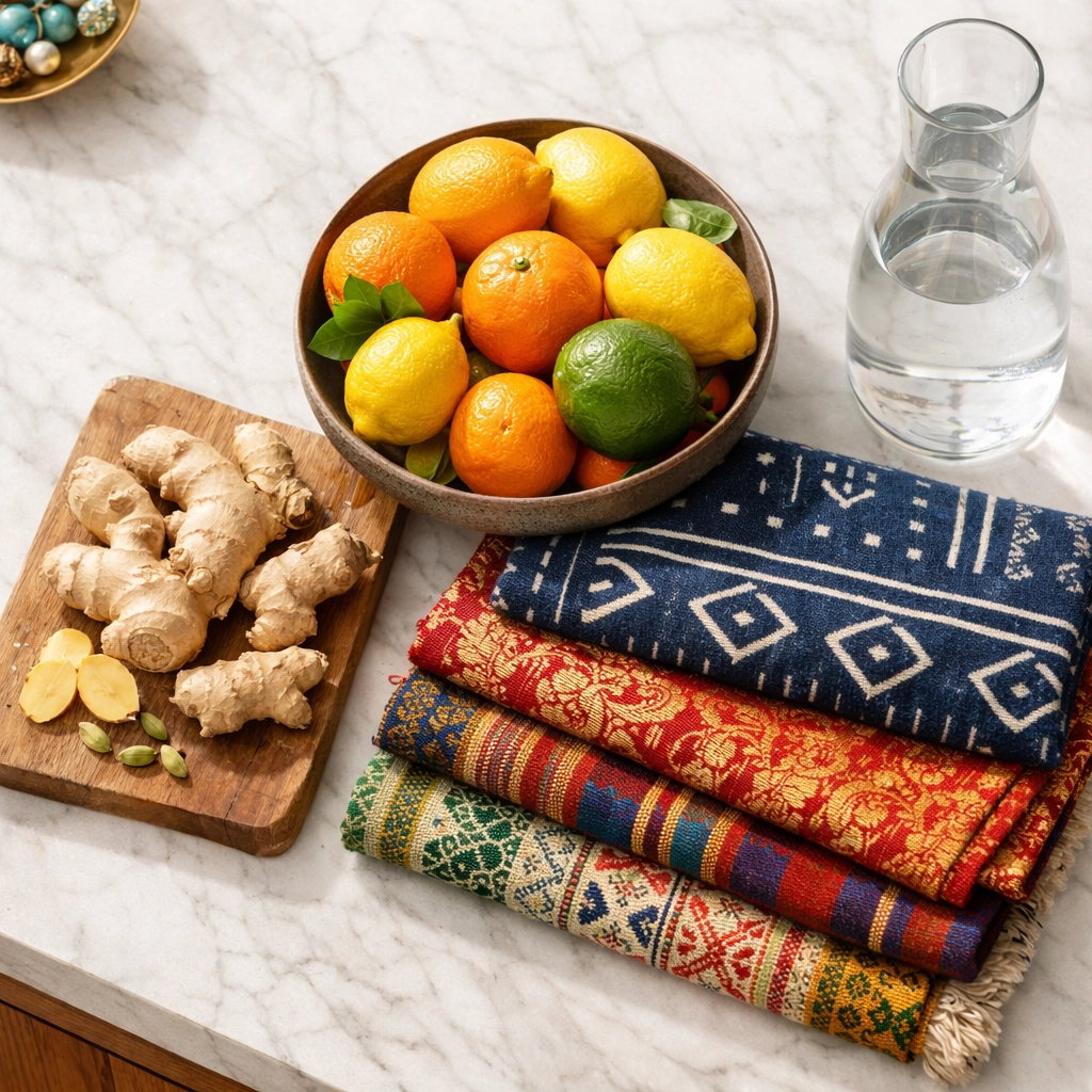 Fresh ingredients and diverse textiles, symbolizing inclusive postpartum support across cultures and backgrounds.