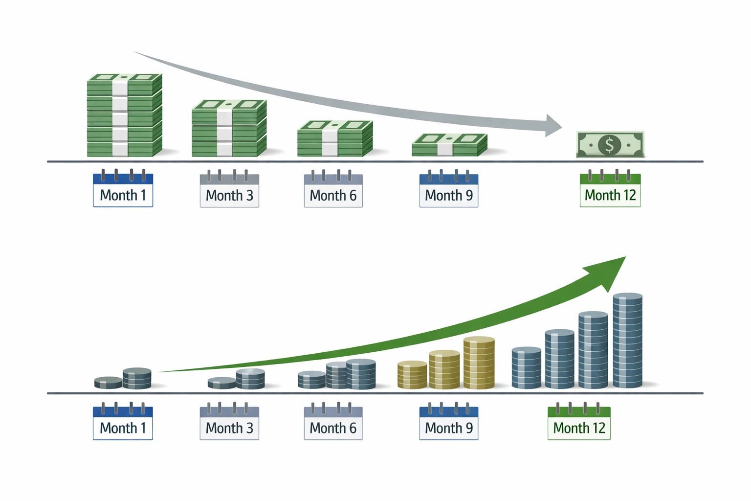 12-month timeline showing decreasing PPC costs and increasing SEO ROI for Venice businesses