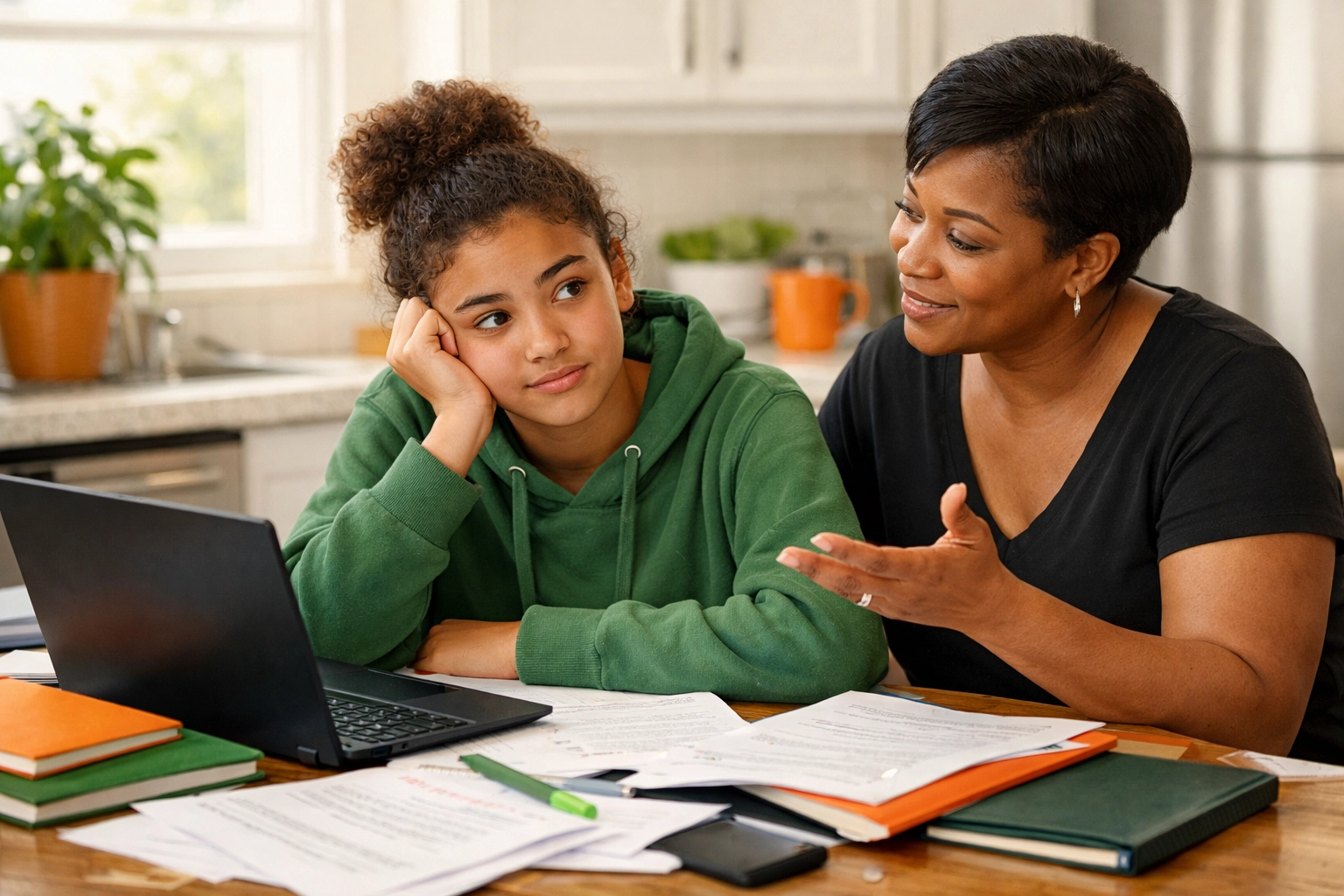 Parent helping overwhelmed teen with life skills learning at kitchen table
