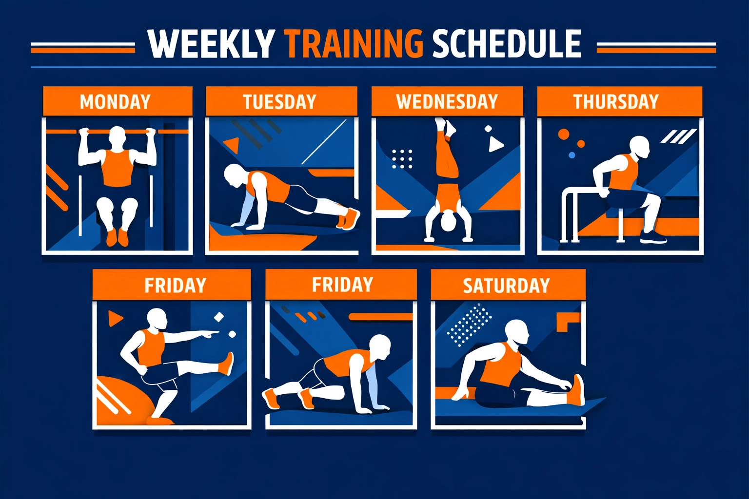 Weekly bodyweight training schedule showing ninja warrior workout structure and exercise rotation