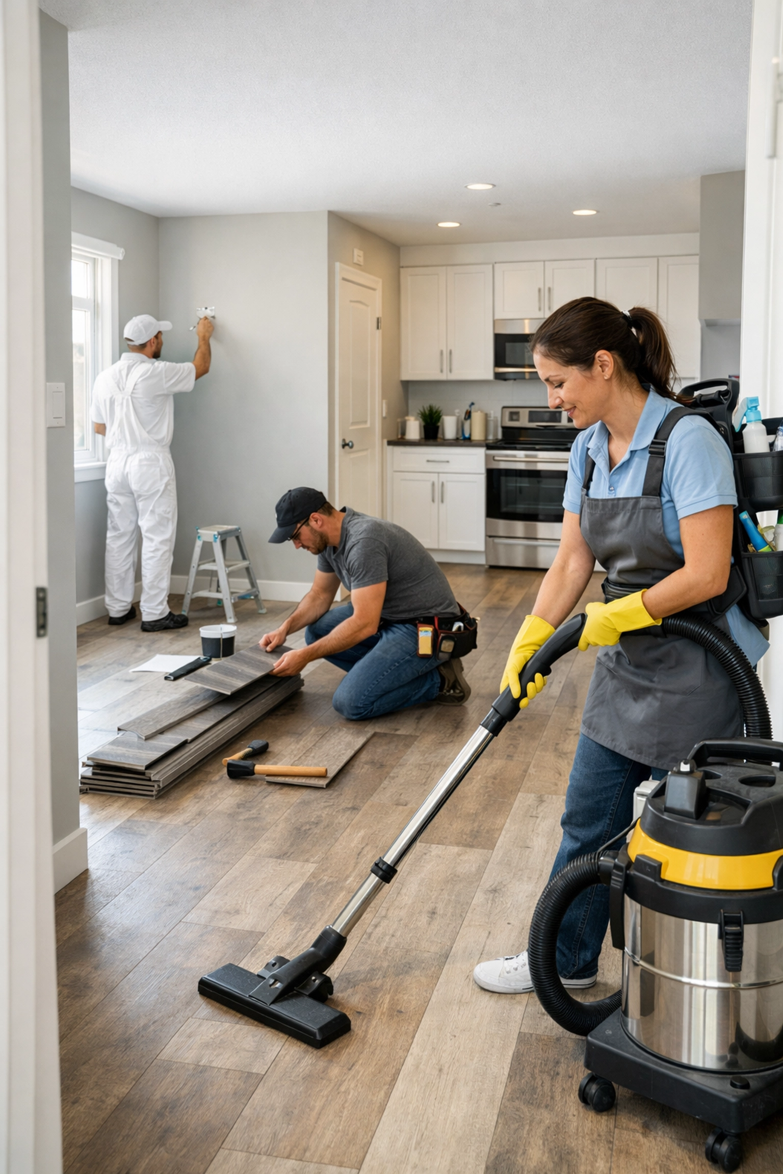 Coordinated apartment turnover with painter, flooring specialist, and cleaning crew working together