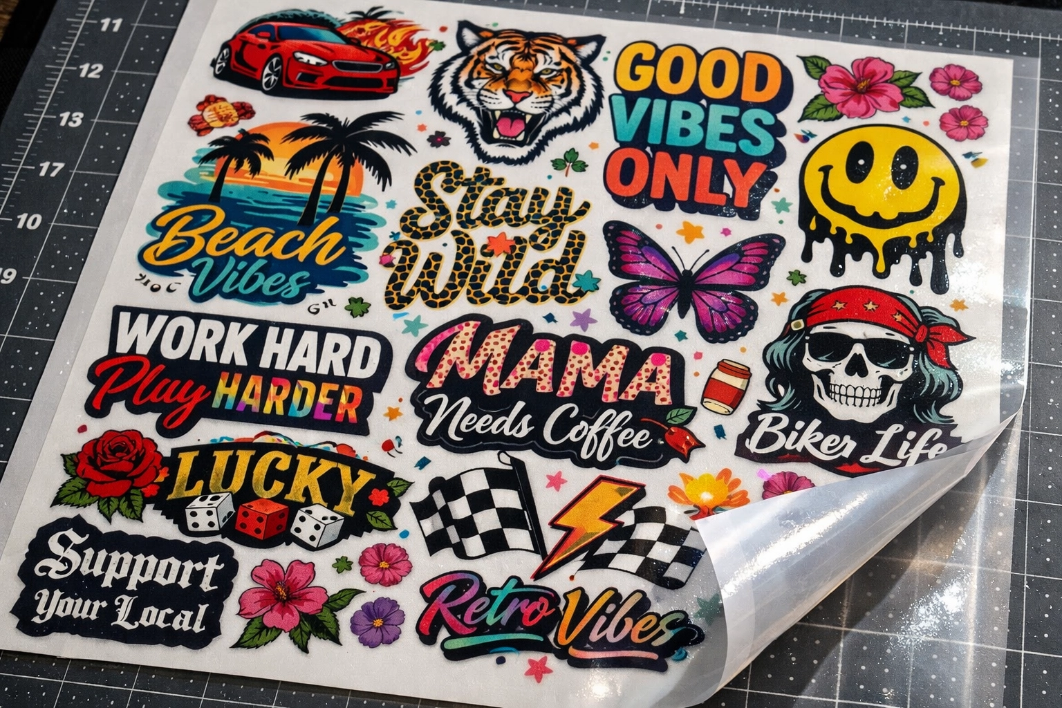 Gang sheet with multiple DTF transfer designs arranged for cost-effective printing