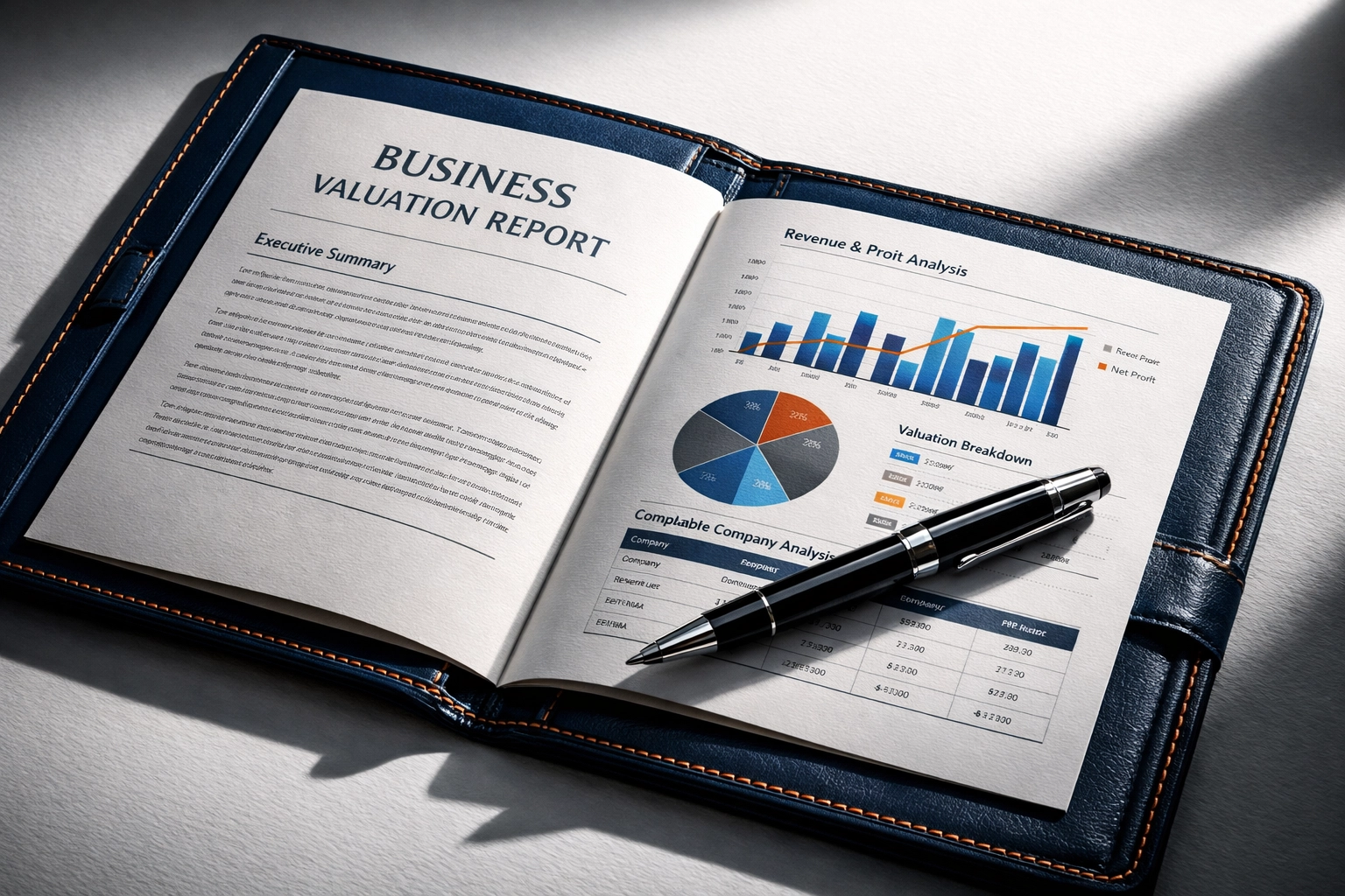 Professional business valuation report with financial charts and data