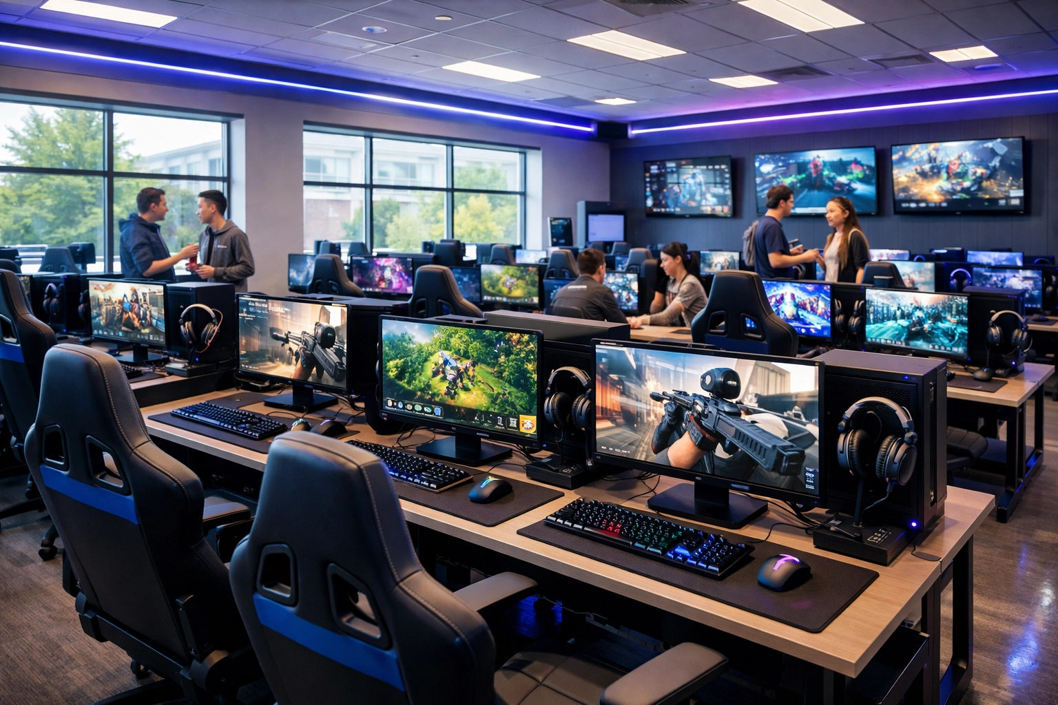 High school esports lab with gaming stations and students collaborating on competitive gaming