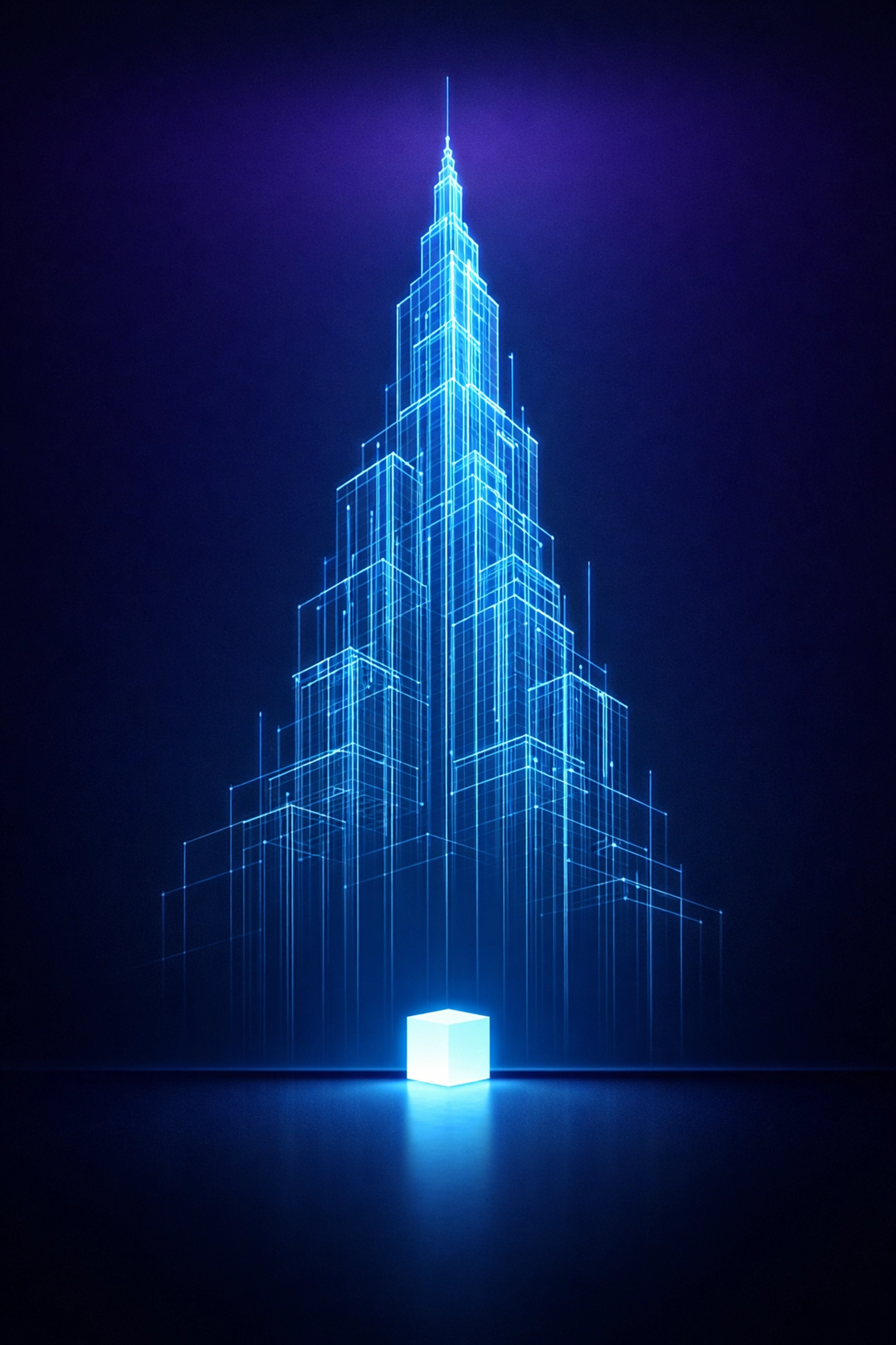 Small cube growing into a skyscraper of light, representing AI scaling SEO and lead capture