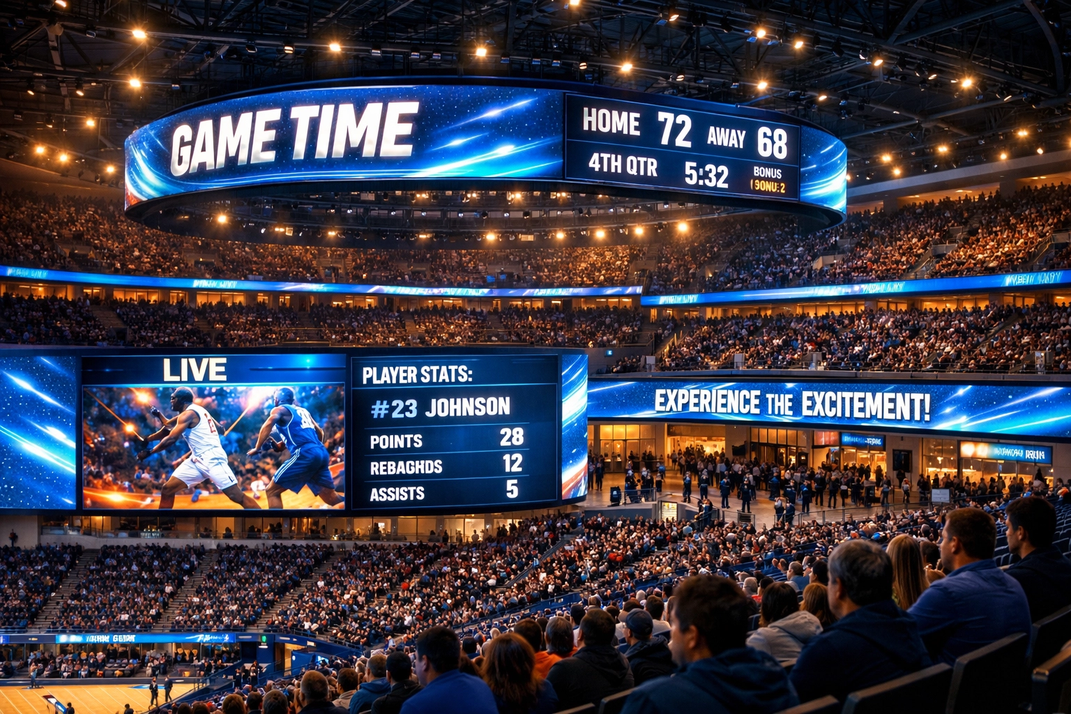 Modern sports stadium with integrated LED digital displays creating dynamic advertising opportunities