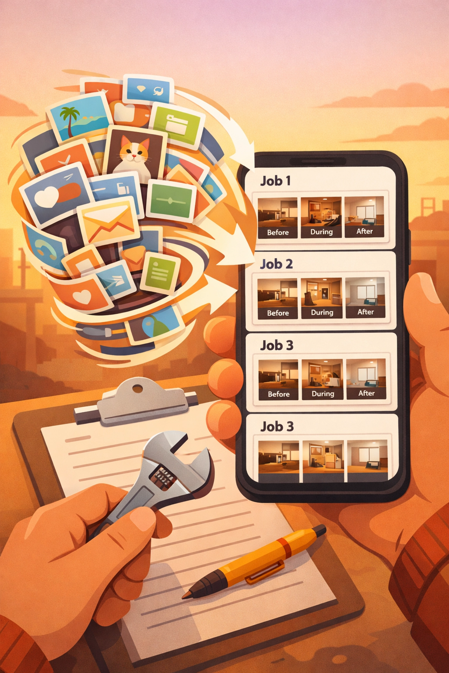 Organizing a messy camera roll into a professional job photo timeline using a contractor photo app.