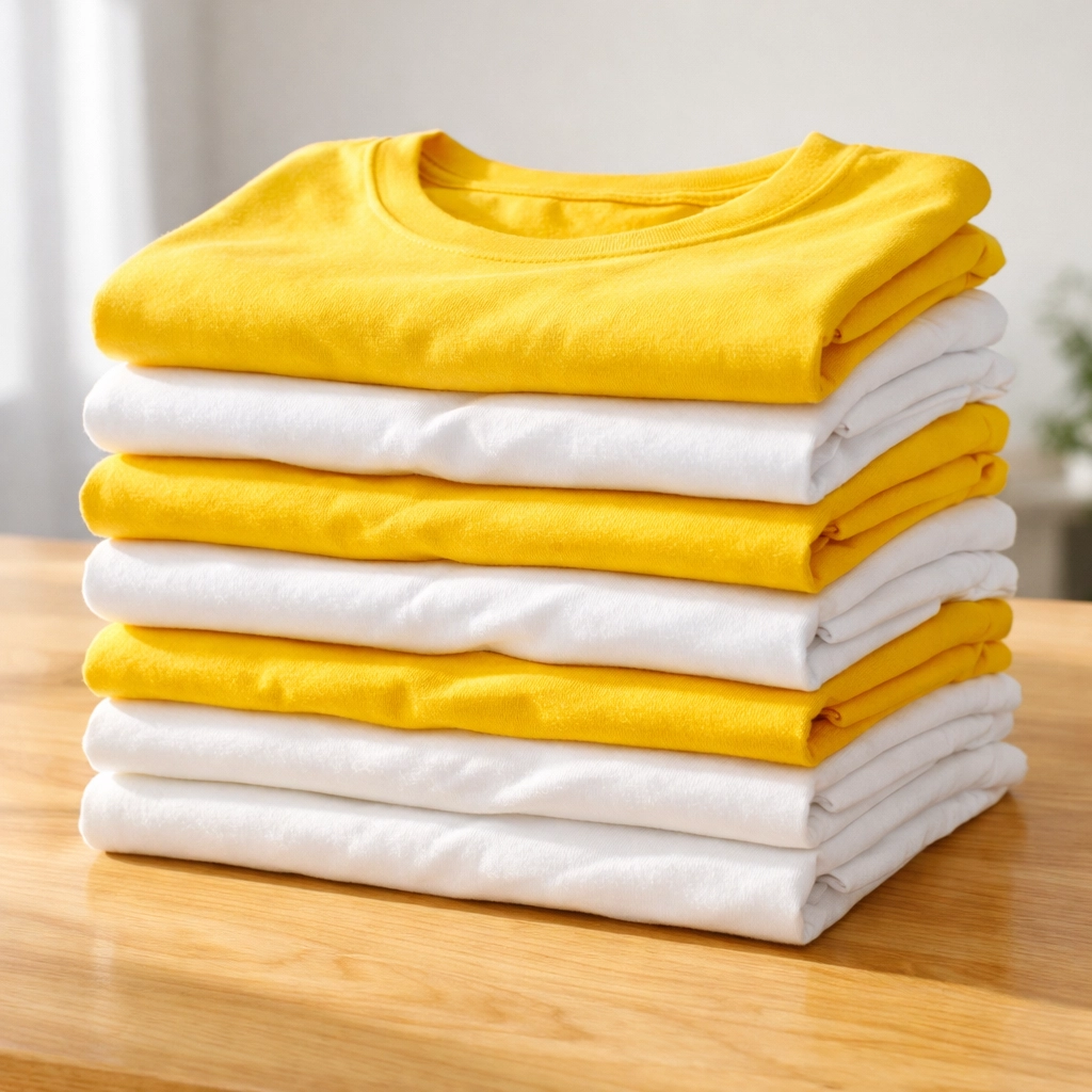 Neatly stacked high-quality yellow and white cotton summer camp t shirts ready for delivery.