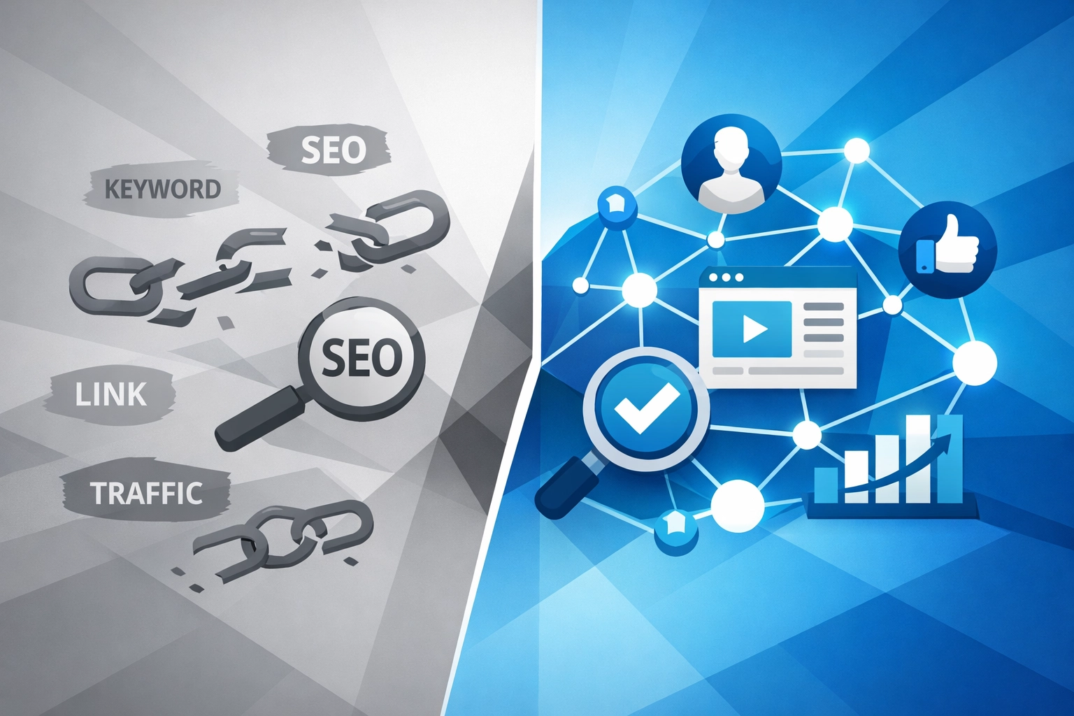 Visual comparison of outdated SEO tactics versus modern SEO strategies for 2026
