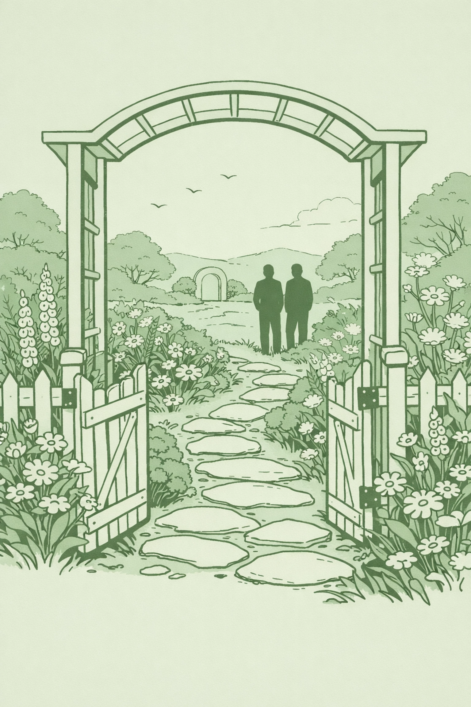 Eternal garden symbolizing unfading gay love with two men among perennial flowers - LGBTQ+ fiction