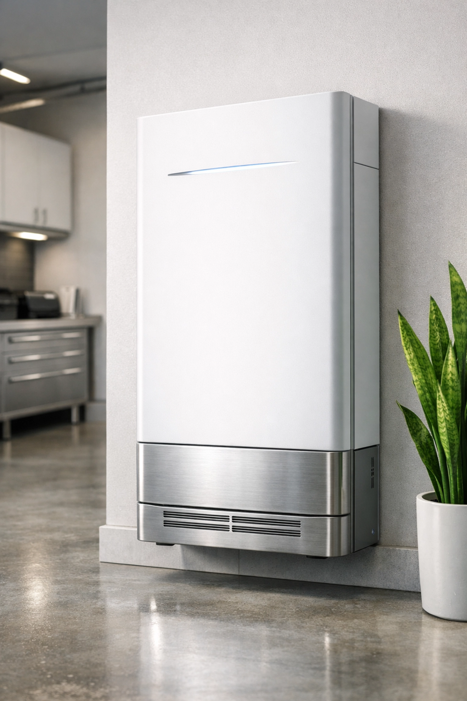 Modern home energy storage battery system professionally installed in a minimalist garage.