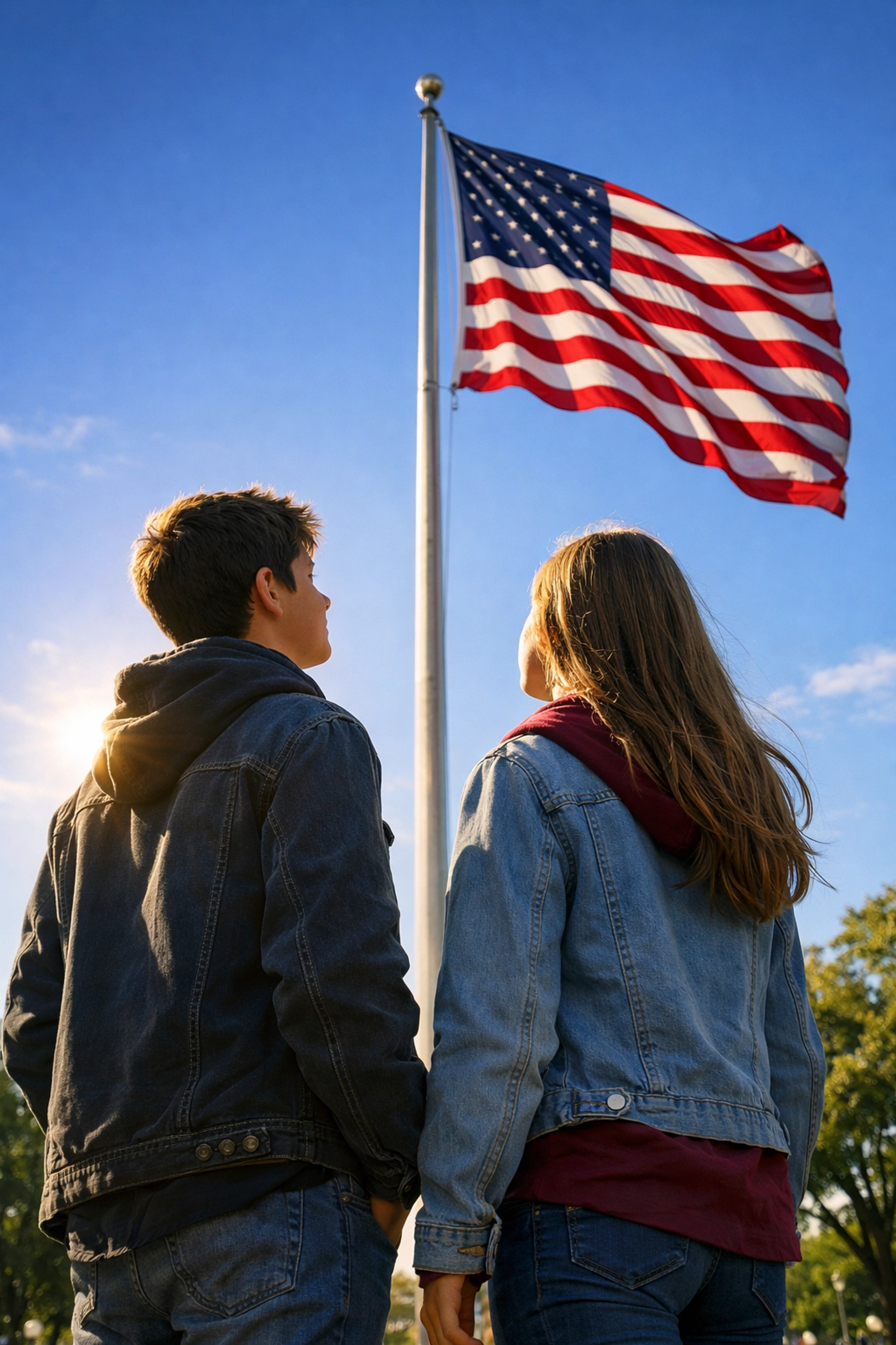 Teenagers looking at the American flag, symbolizing civic responsibility and the next generation.